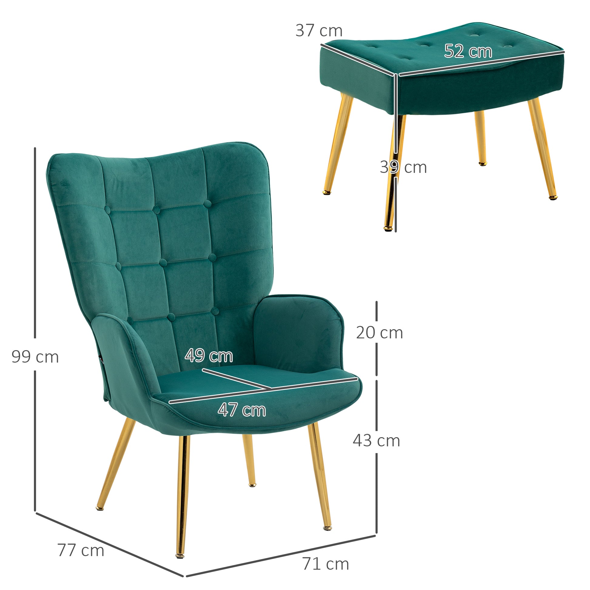 HOMCOM Upholstered Armchair Footstool Set Modern Button Tufted Accent Chair Gold Tone Steel Legs Wingback Chair Dark Green - ALL4U RETAILER LTD