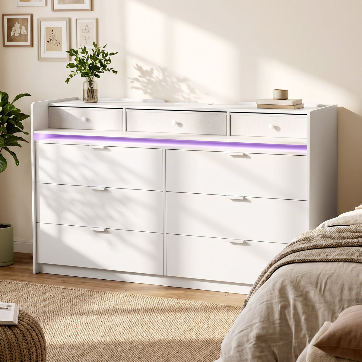 White 9-drawer dresser with glowing purple LED light strip centered on the front