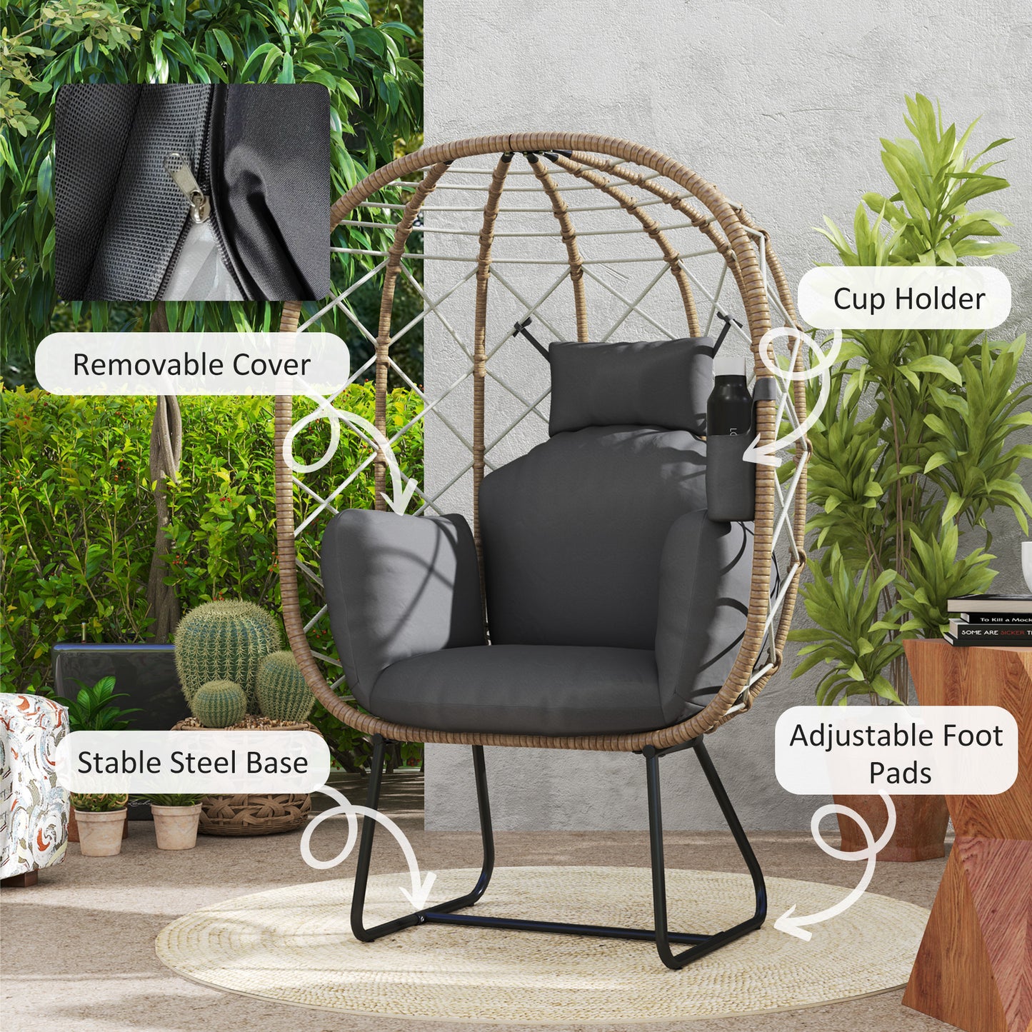 Outsunny Rattan Egg Chair With Thick Cushion And Headrest, Standing Garden Wicker Chair, Metal Frame For Patio Balcony