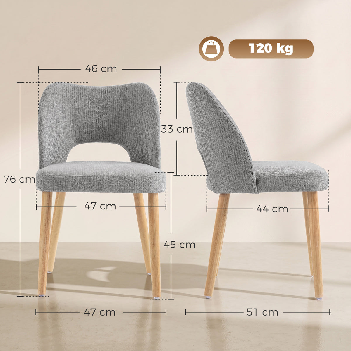 Set of 2 grey chenille dining chairs with size dimensions and curved high backs
