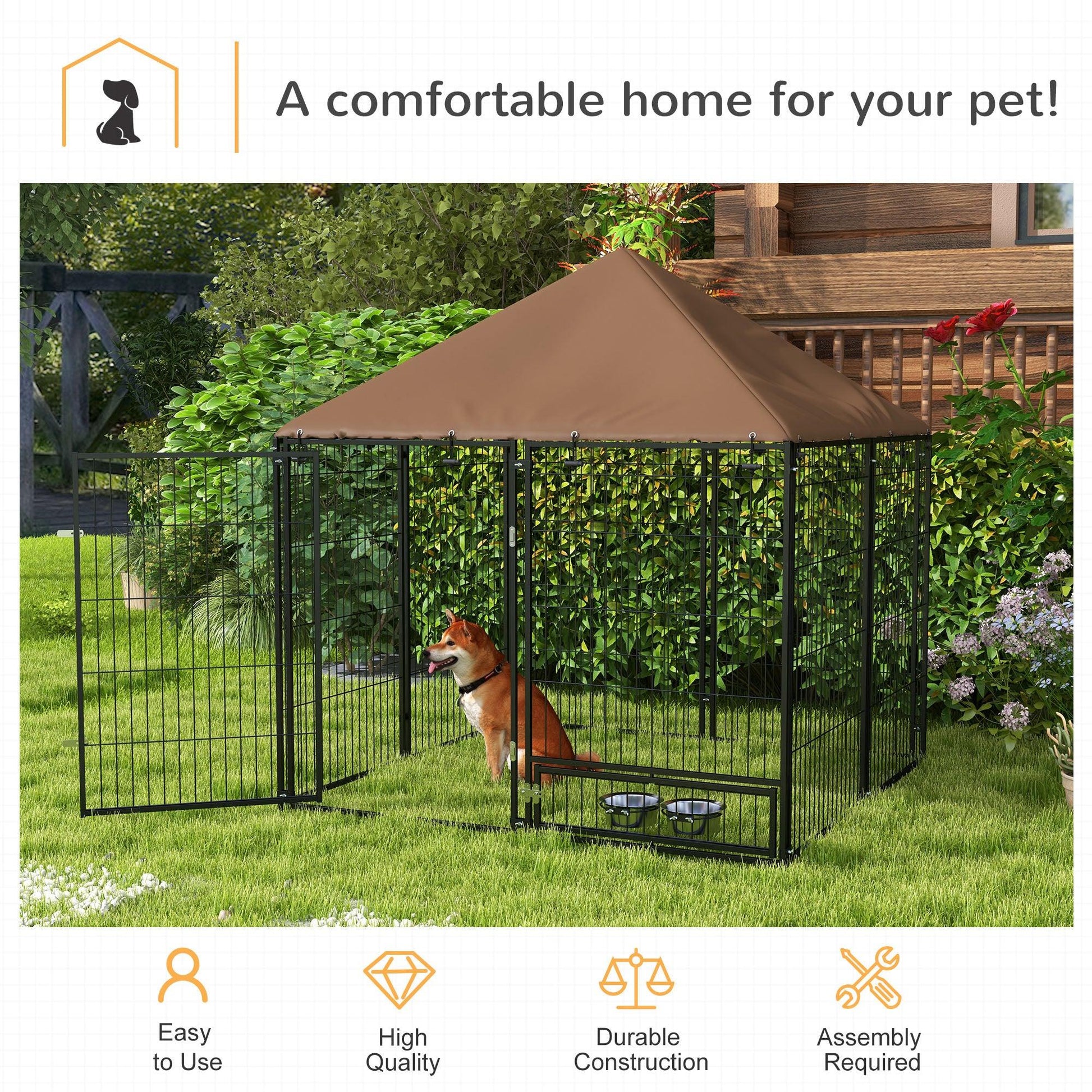 PawHut 141x141x151cm Outdoor Puppy Playpen with Canopy and Rotating Bowl - ALL4U RETAILER LTD