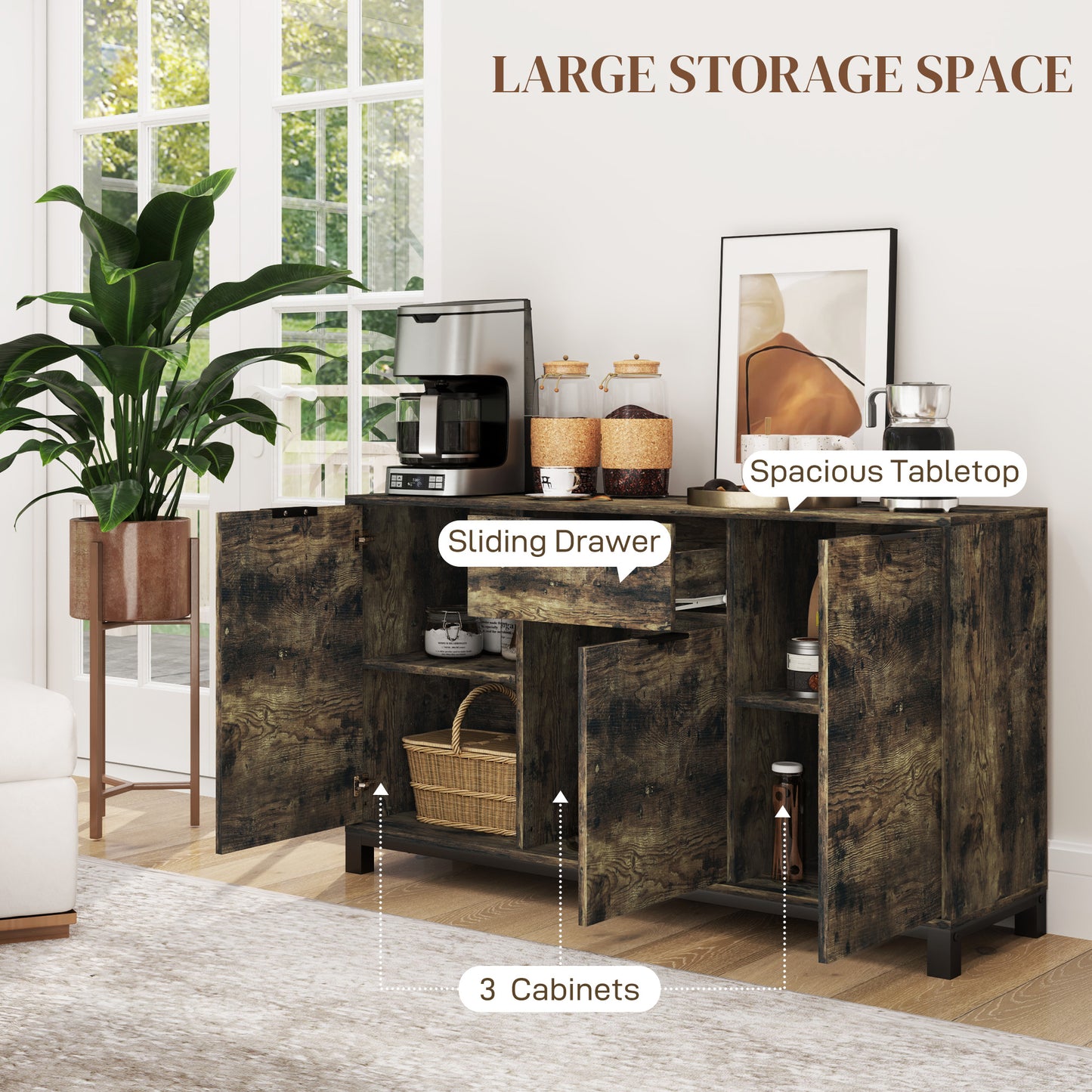 HOMCOM Industrial Sideboard Storage Cabinet With Doors Drawers Cupboard Adjustable Shelves Living Room Rustic Brown