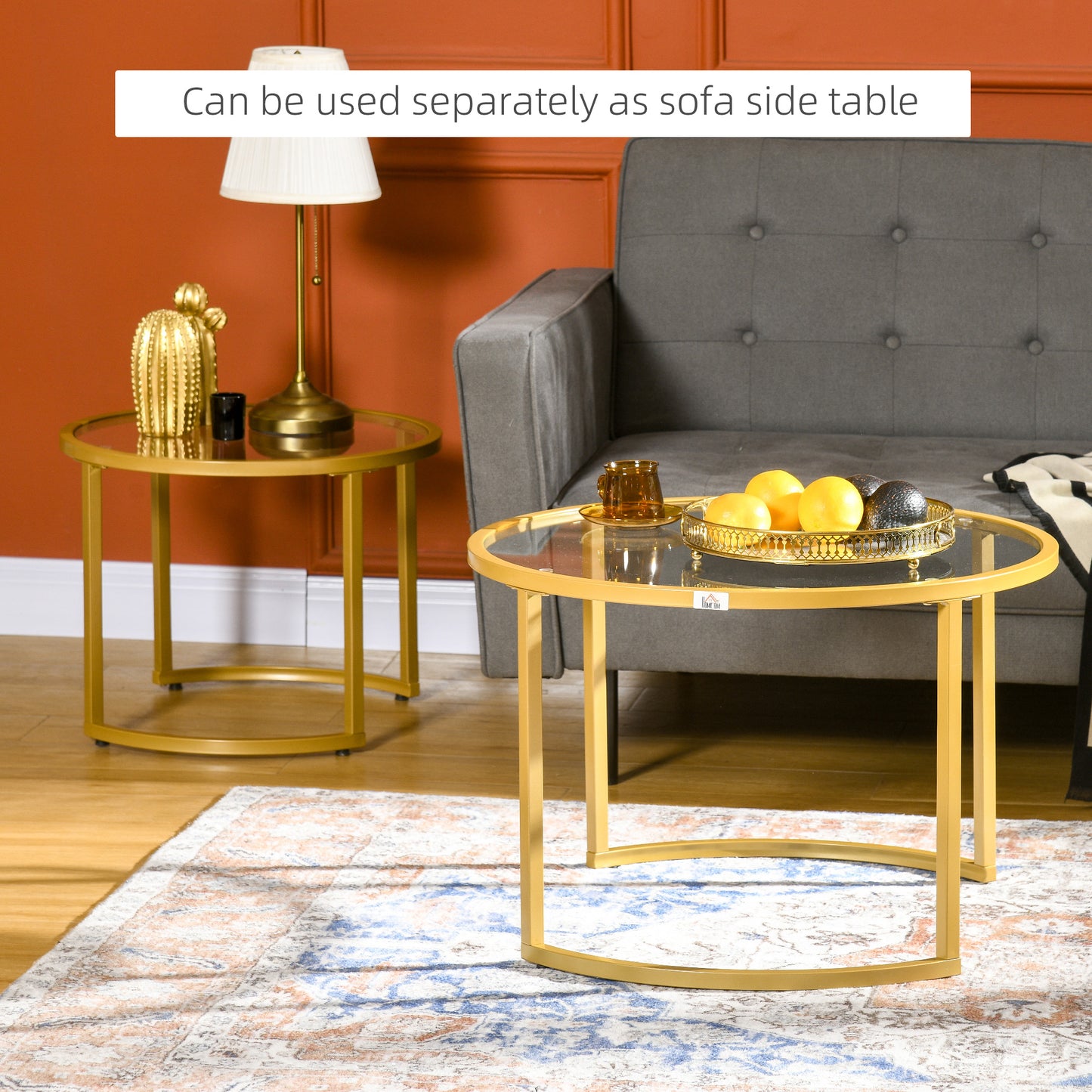 HOMCOM Nest of Tables Coffee Table Set of 2 With Tempered Glass Tops and Gold Tone Steel Frame for Living Room
