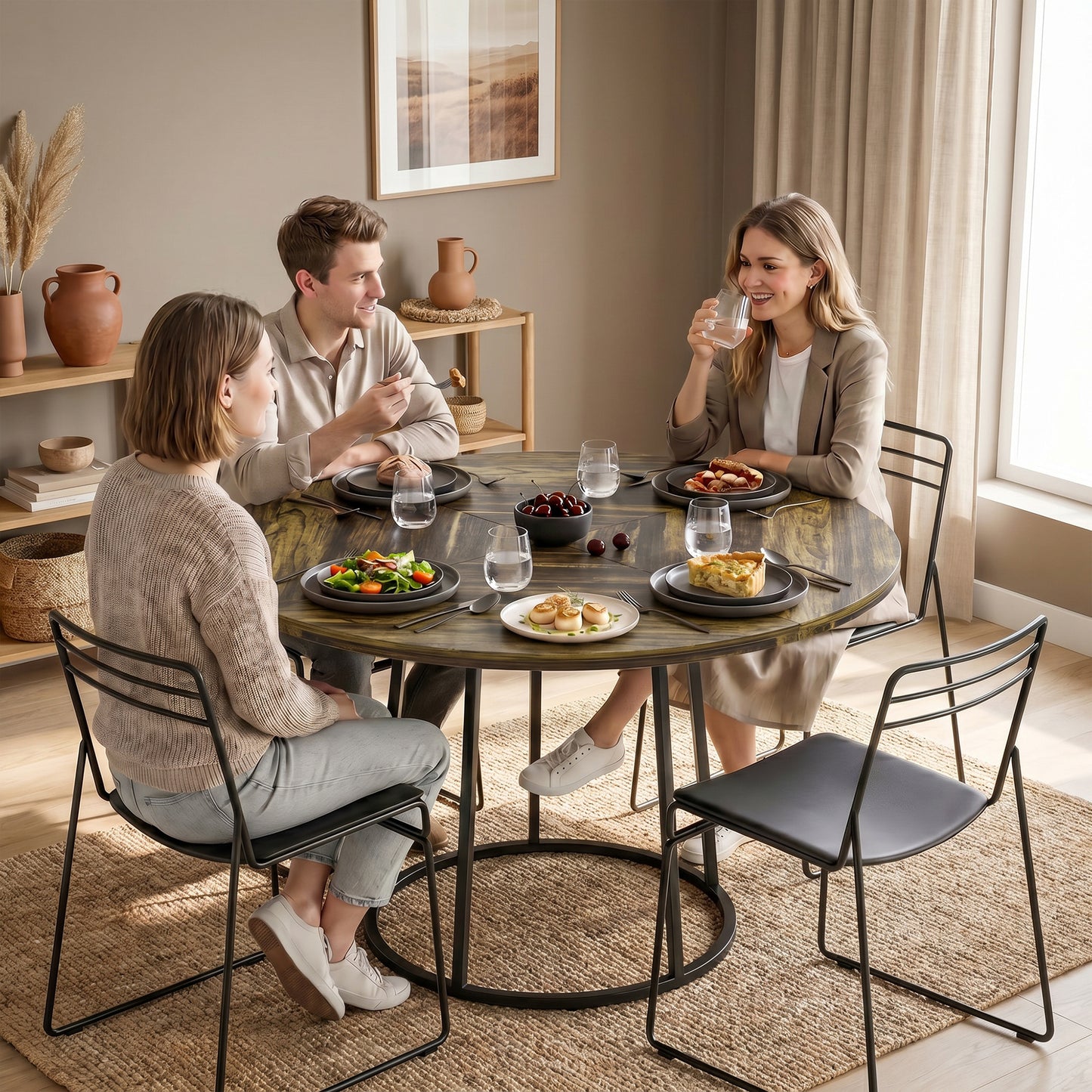 HOMCOM Round Dining Table 120 cm Space Saving Kitchen Table Conical Metal Base Rustic Brown