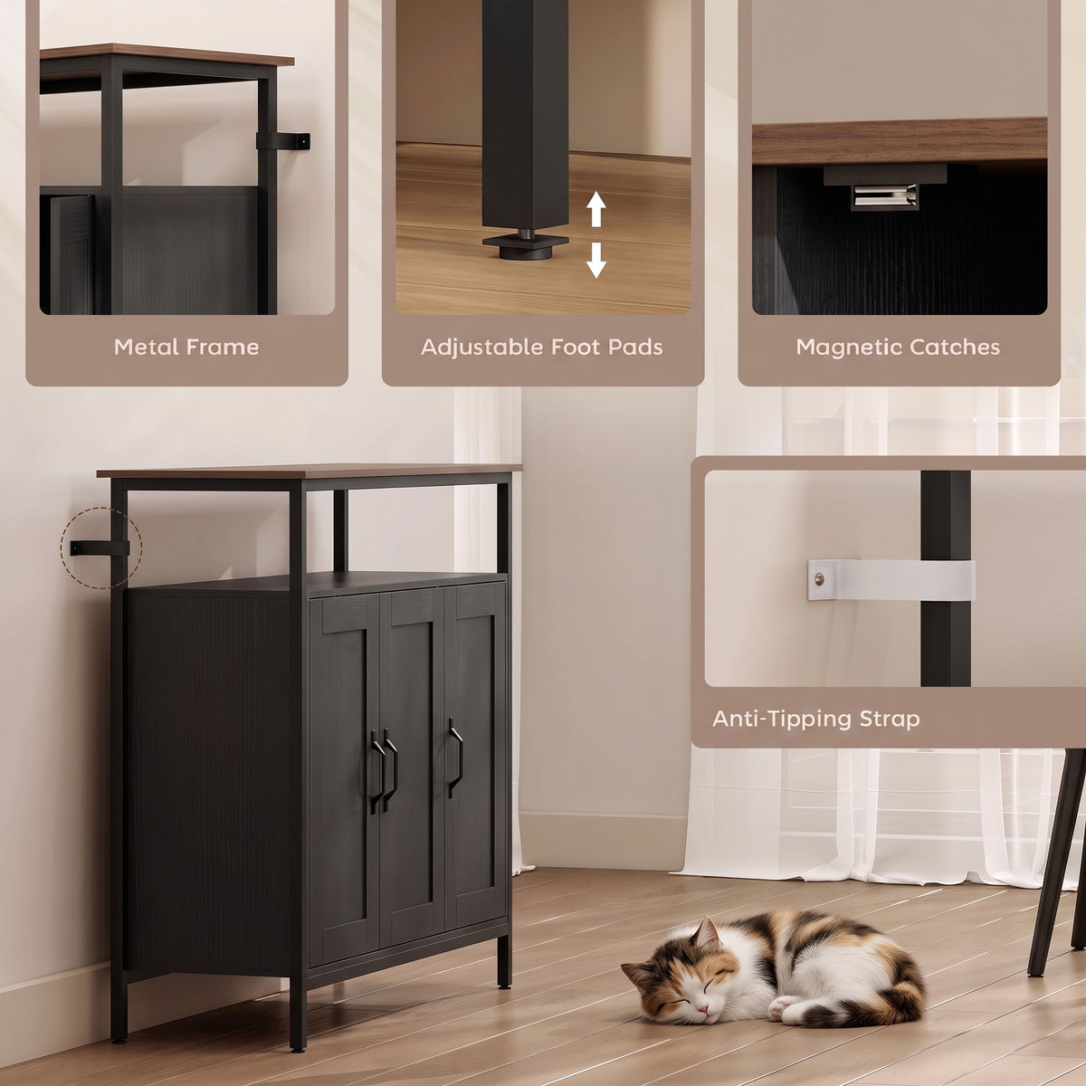 Industrial sideboard with adjustable foot pads, magnetic catches, and anti-tipping strap