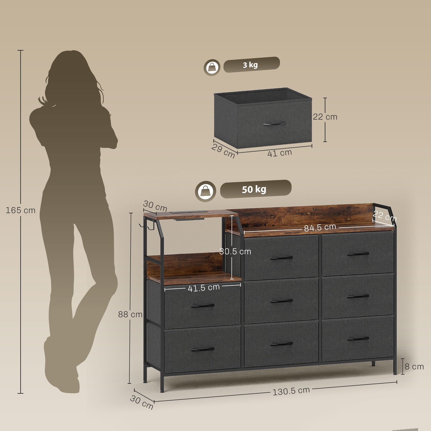 HOMCOM Chest Of Eight Drawers With Charging Station Brown And Black Fabric Dresser