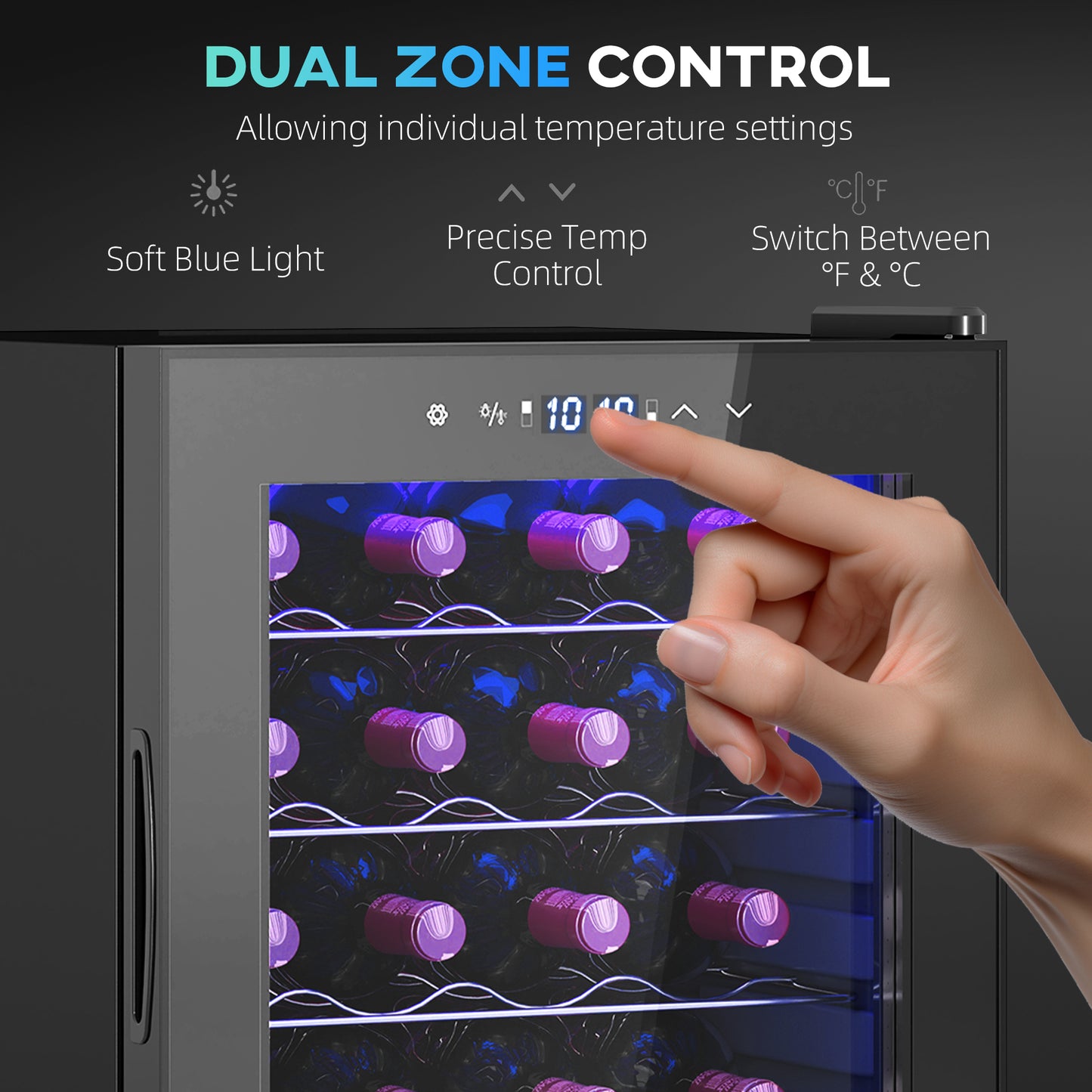 HOMCOM 32 Bottle Dual Zone Wine Fridge Black With Temperature Range Five To Eighteen Celsius And Eight Full Length Racks