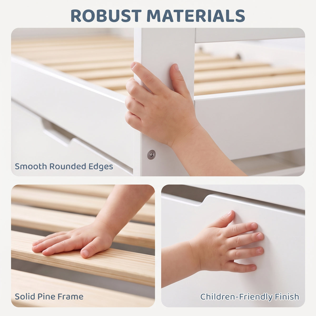 Close-up of white kids bed frame edge with smooth rounded corners and pine slats