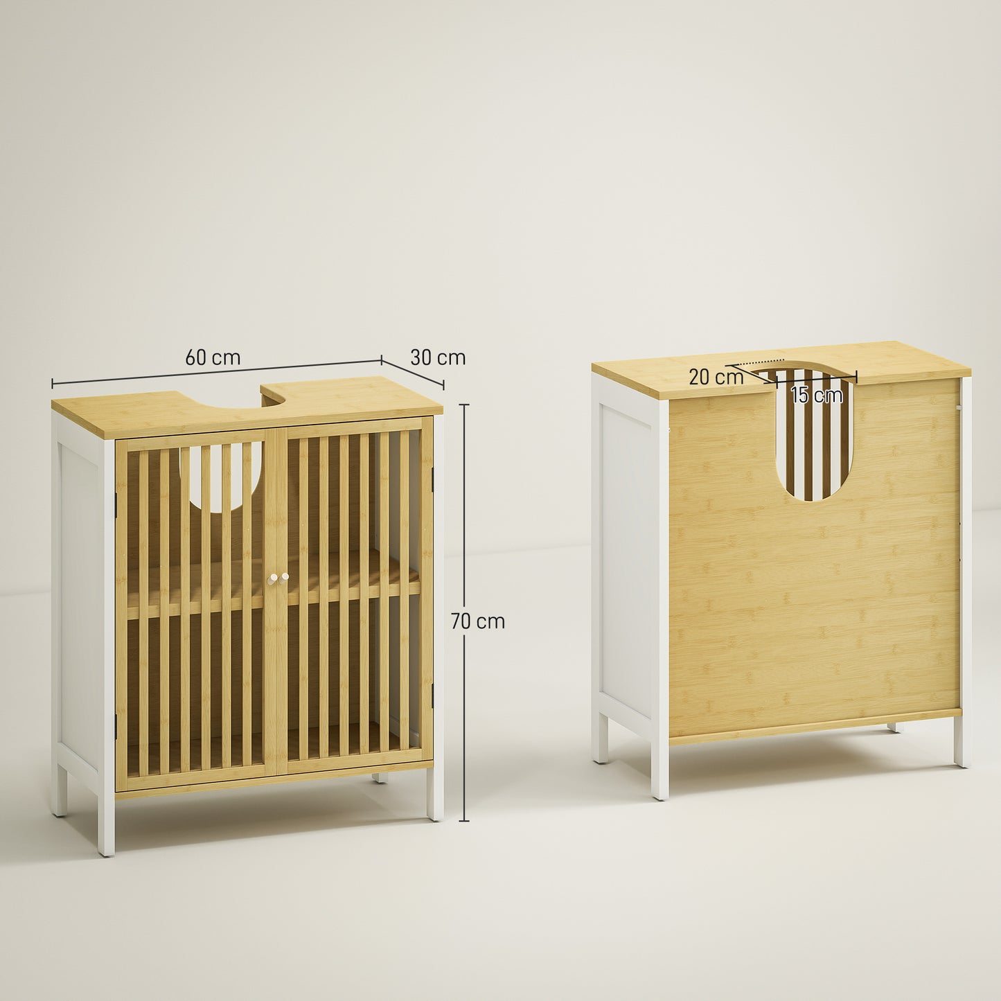 HOMCOM Bamboo Blend Retro Cutout Under Sink Cabinet With Three Position Adjustable Shelf For Bathroom Storage