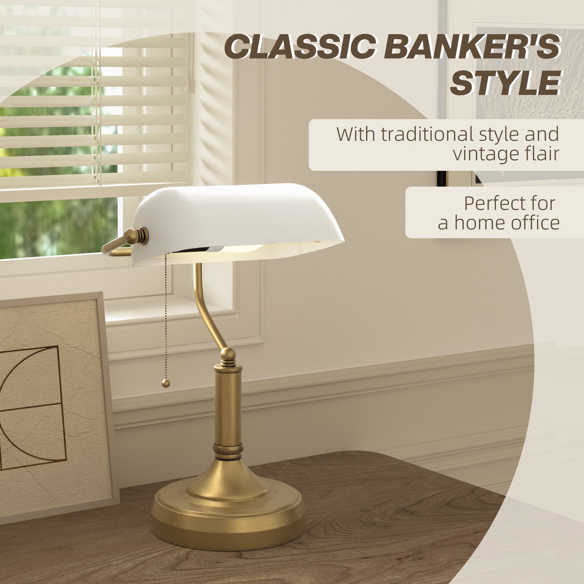 HOMCOM Vintage-Inspired Antique Bronze Banker’s Desk Lamp with White Glass Shade for Home Office - ALL4U RETAILER LTD