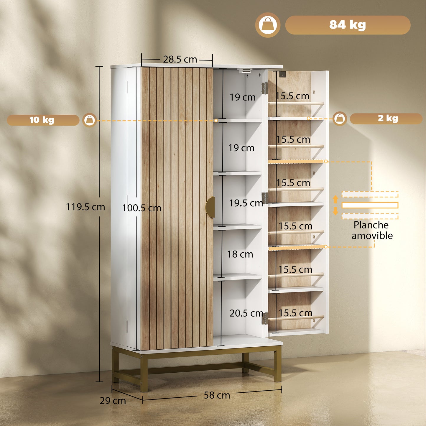 HOMCOM 119.5 cm Freestanding Kitchen Cabinet With Double Doors, 5 Tiers, 12 Spice Racks, White