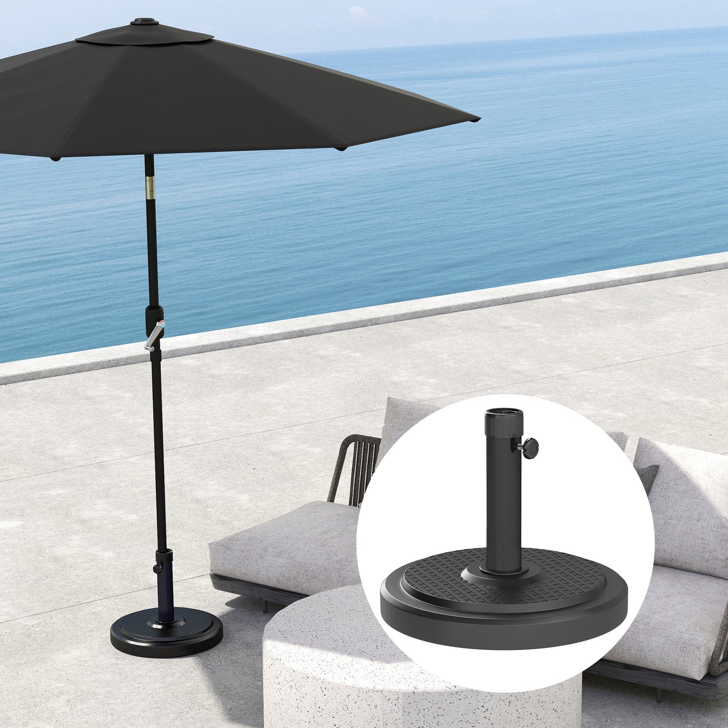 Outsunny 22kg Garden Parasol Base Round HDPE Sun Umbrella Base Heavy Duty For 38mm Or 48mm Poles Black