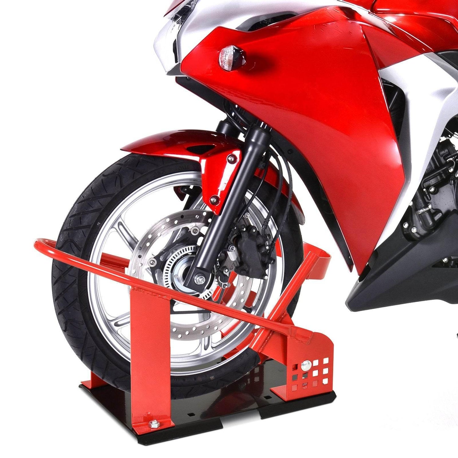 HOMCOM Heavy-Duty Freestanding Motorcycle Wheel Support - Red - ALL4U RETAILER LTD