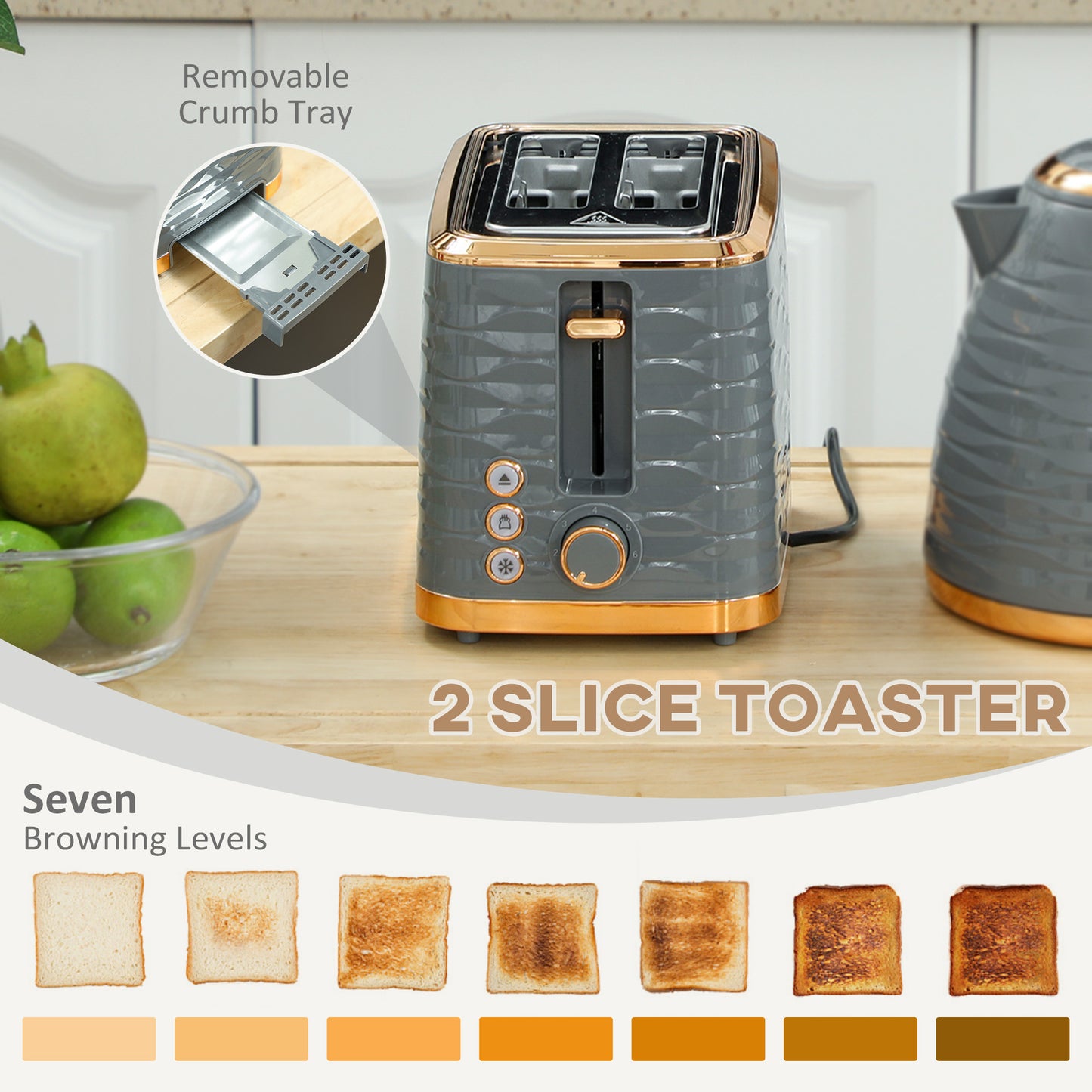 HOMCOM 3000W 1.7L Rapid Boil Kettle And 2 Slice Toaster Set In Grey With 7 Browning Levels And Crumb Tray