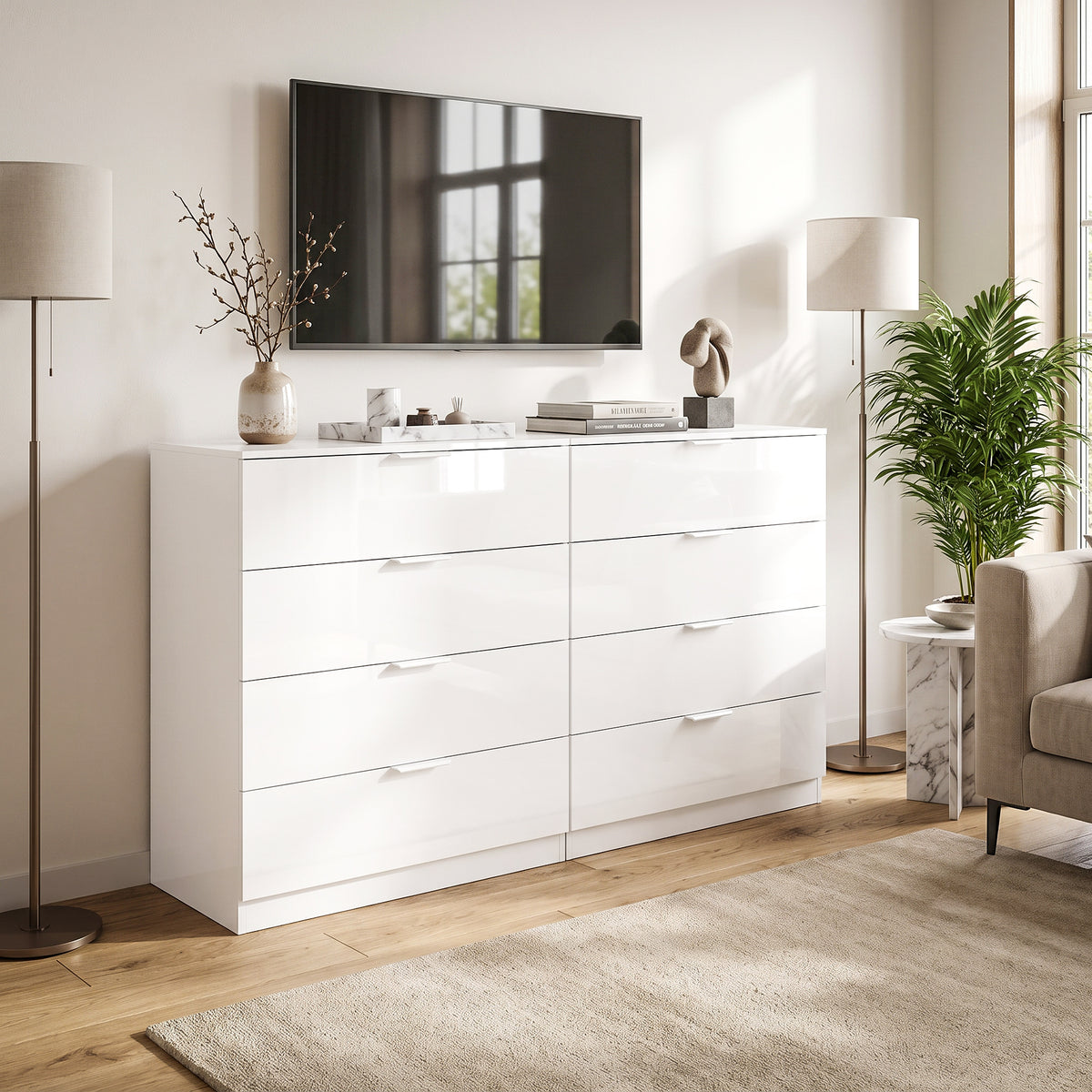 Homcom High Gloss 4 Drawer Chest Of Drawers White Bedroom Storage