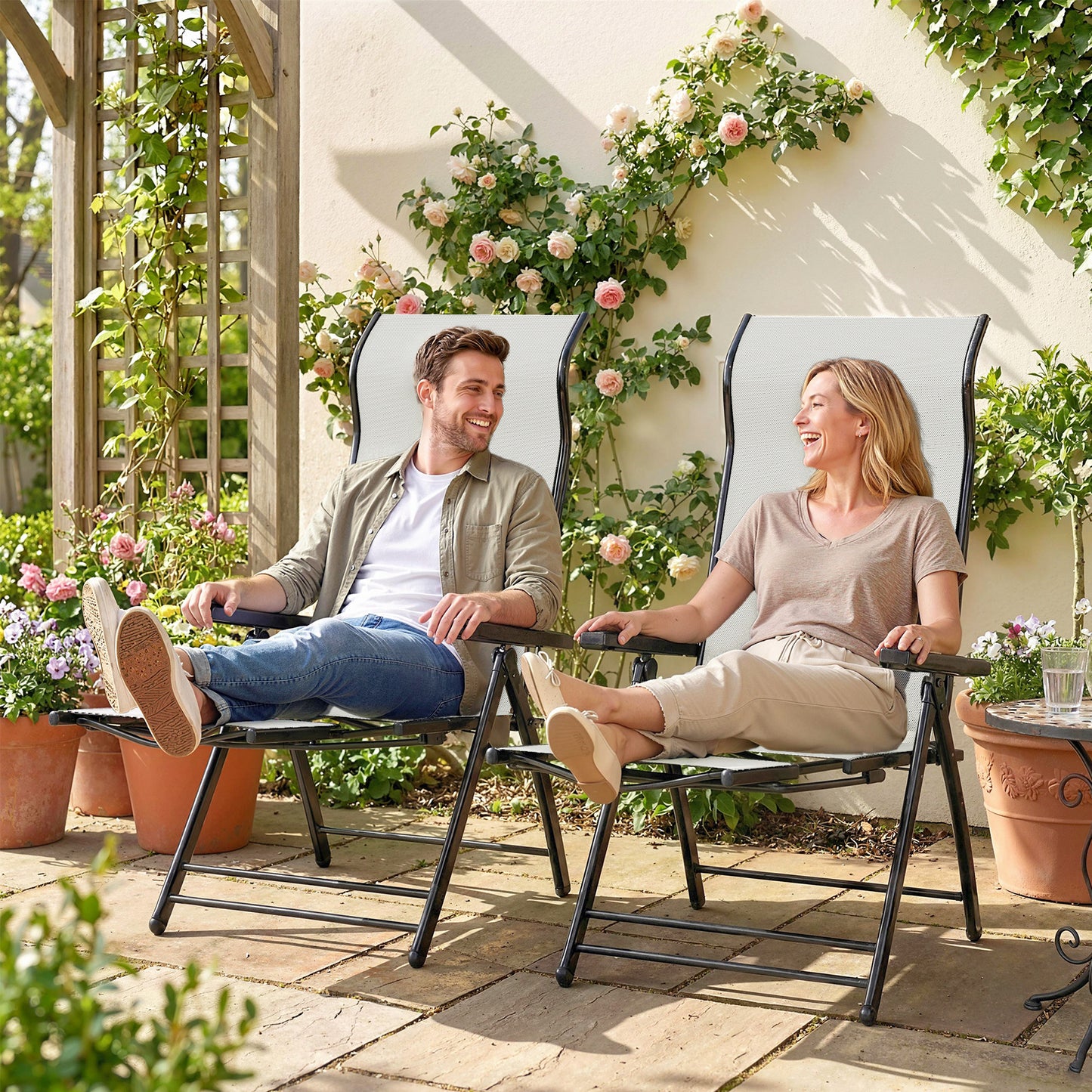 Outsunny Reclining Garden Chairs 2 Pack 5 Position Folding Sun Loungers With High Back Retractable Footrest Light Grey