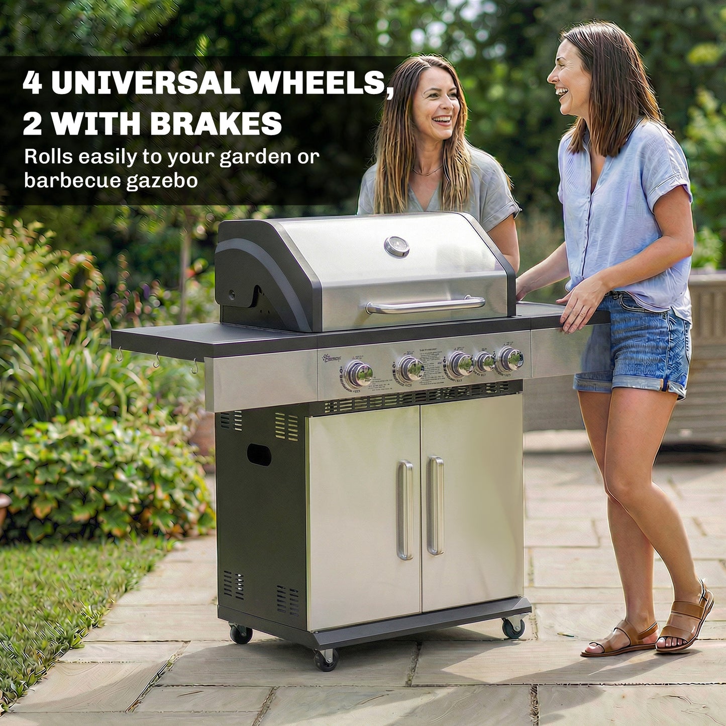 Outsunny 5 Burner Gas BBQ Grill Portable With Side Burner Warming Rack Side Shelf And Storage Cabinet