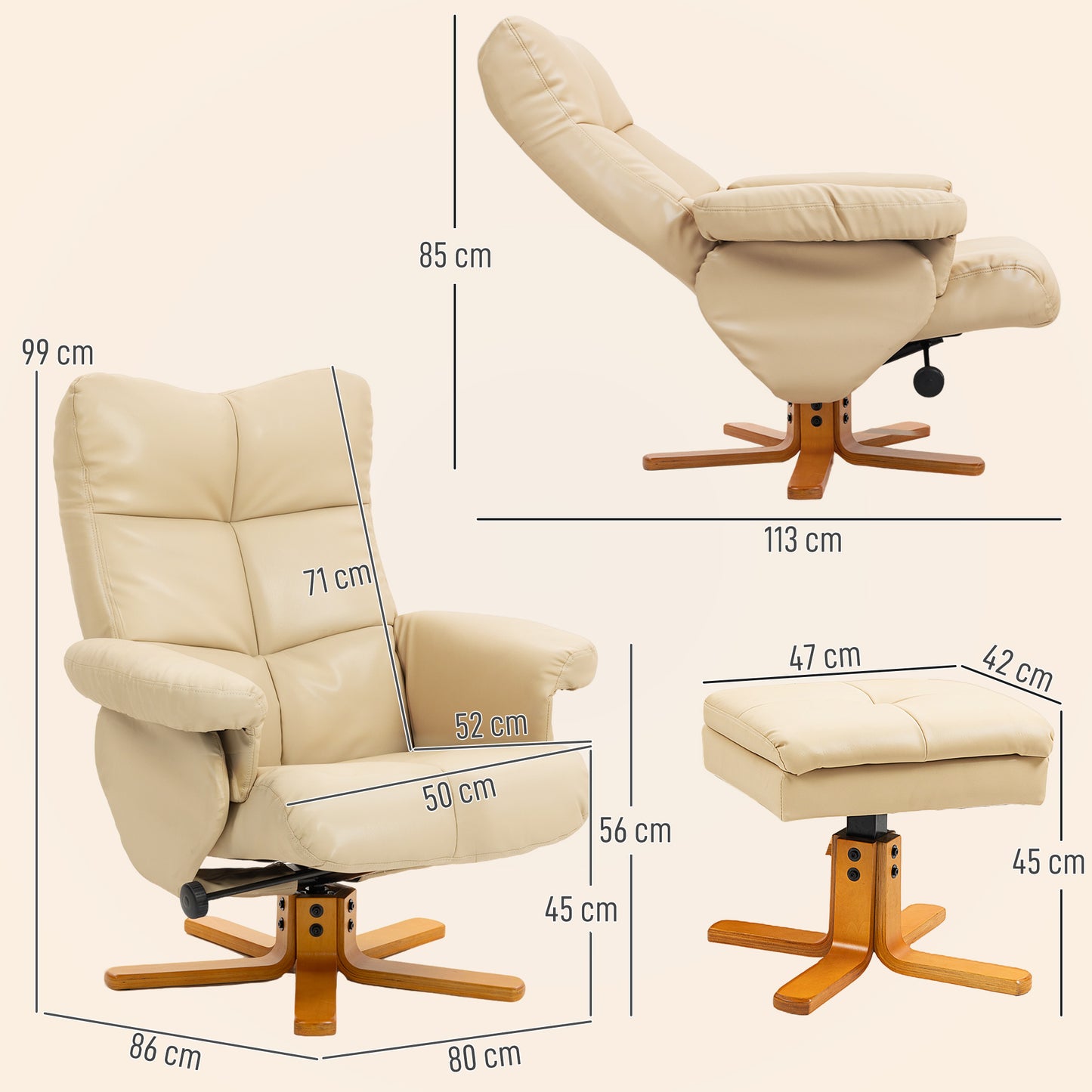 HOMCOM PU Leather Swivel Recliner Chair In Beige With Wooden Base Footstool And Hidden Storage