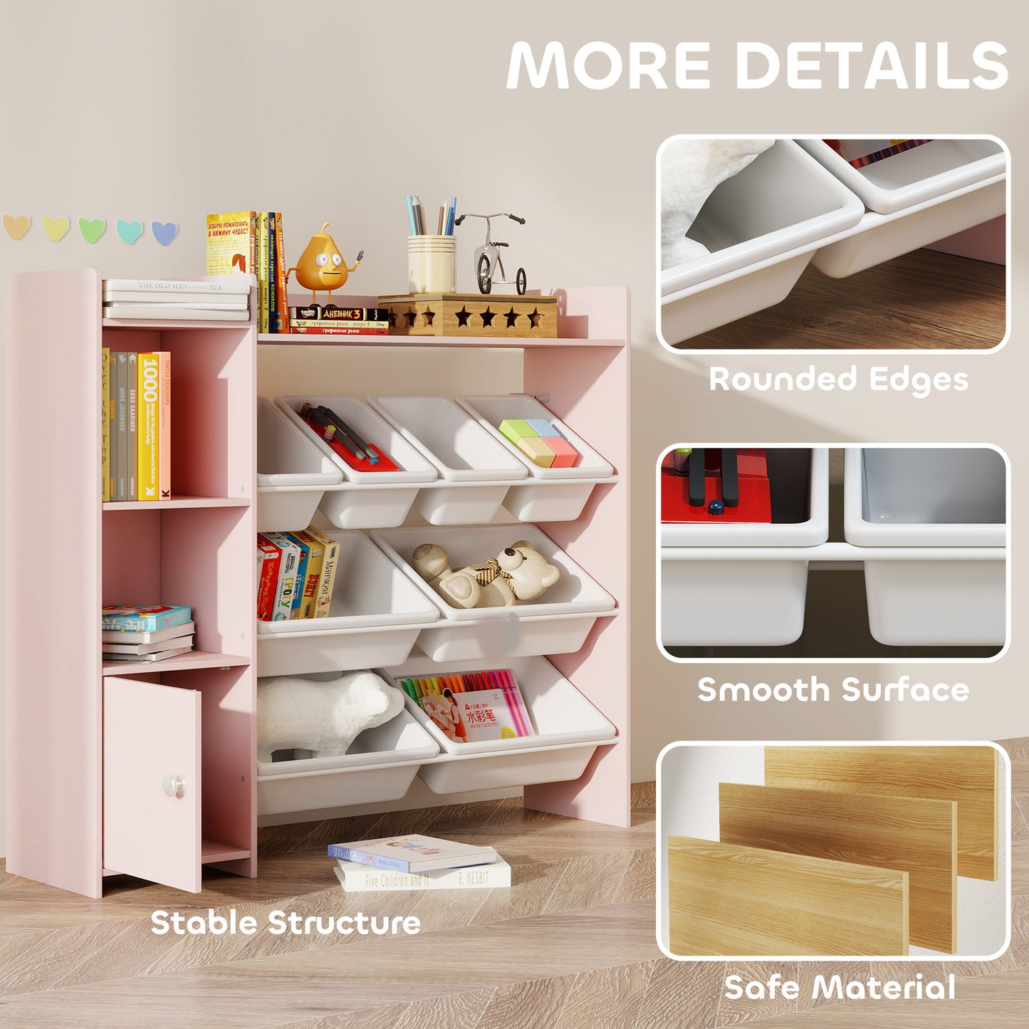 AIYAPLAY Pink Toy Storage Unit With 8 Removable Bins Shelves And Cabinet For Kids