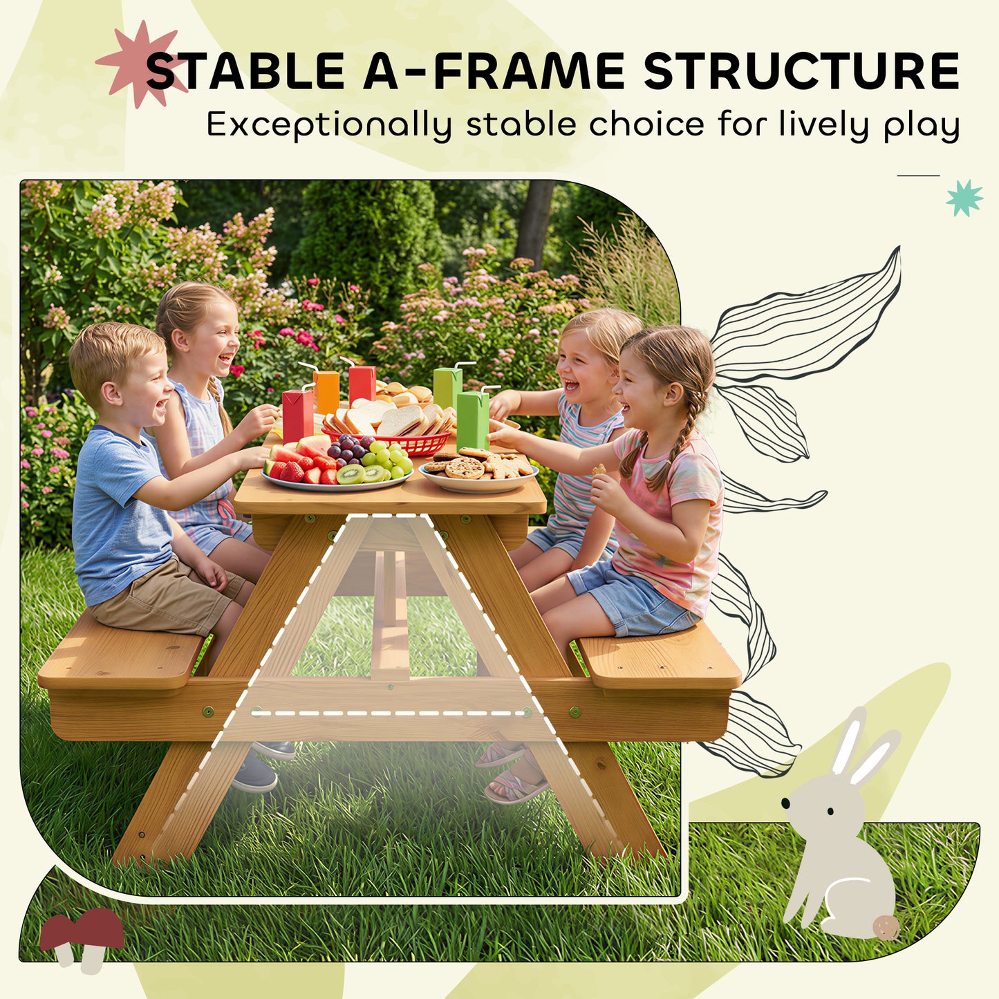 AIYAPLAY Kids Outdoor Picnic Table And Integrated Benches In Solid Fir Wood Natural Finish For Stable A Frame Design