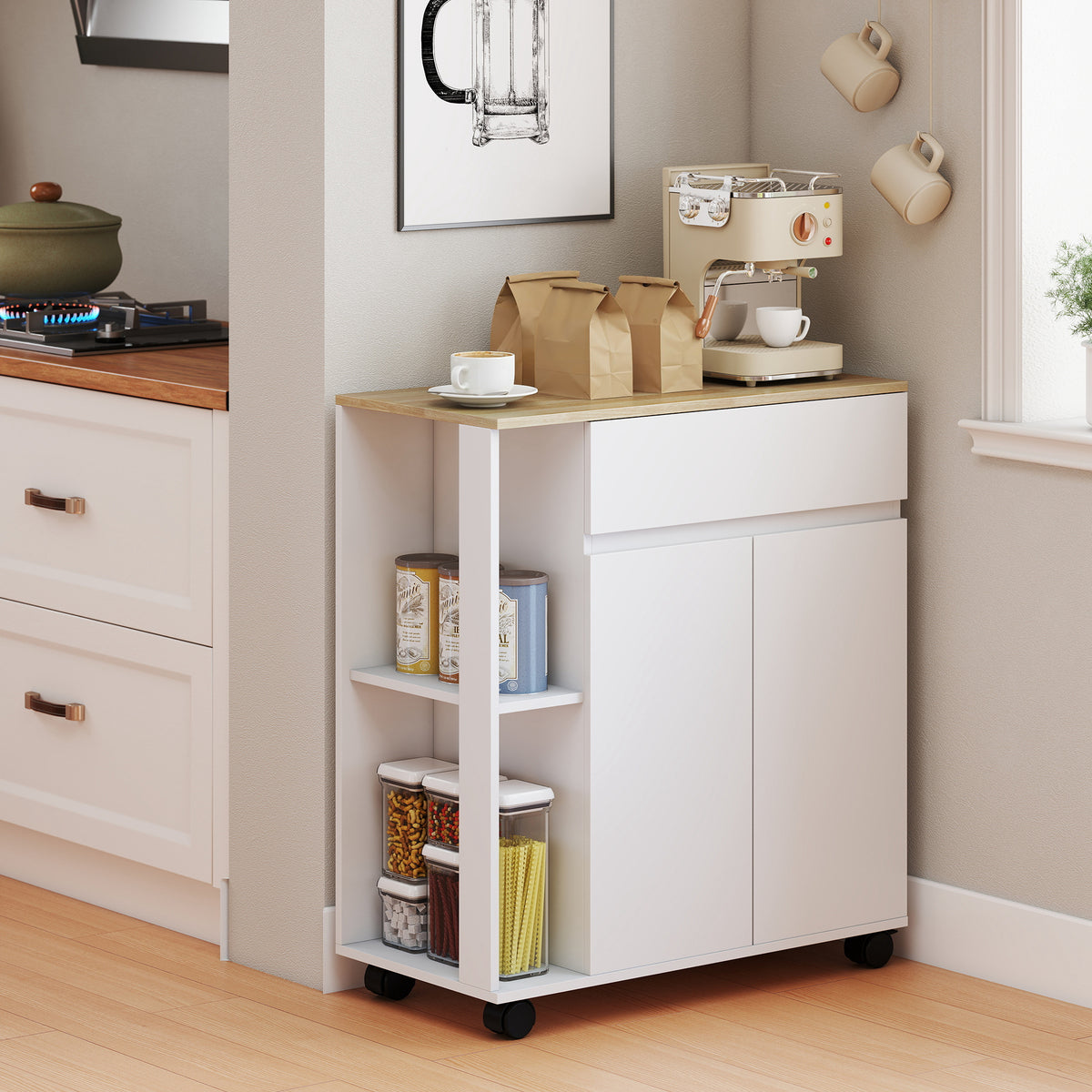 HOMCOM Rolling Kitchen Trolley Cart with Cabinet Drawer and Shelves White