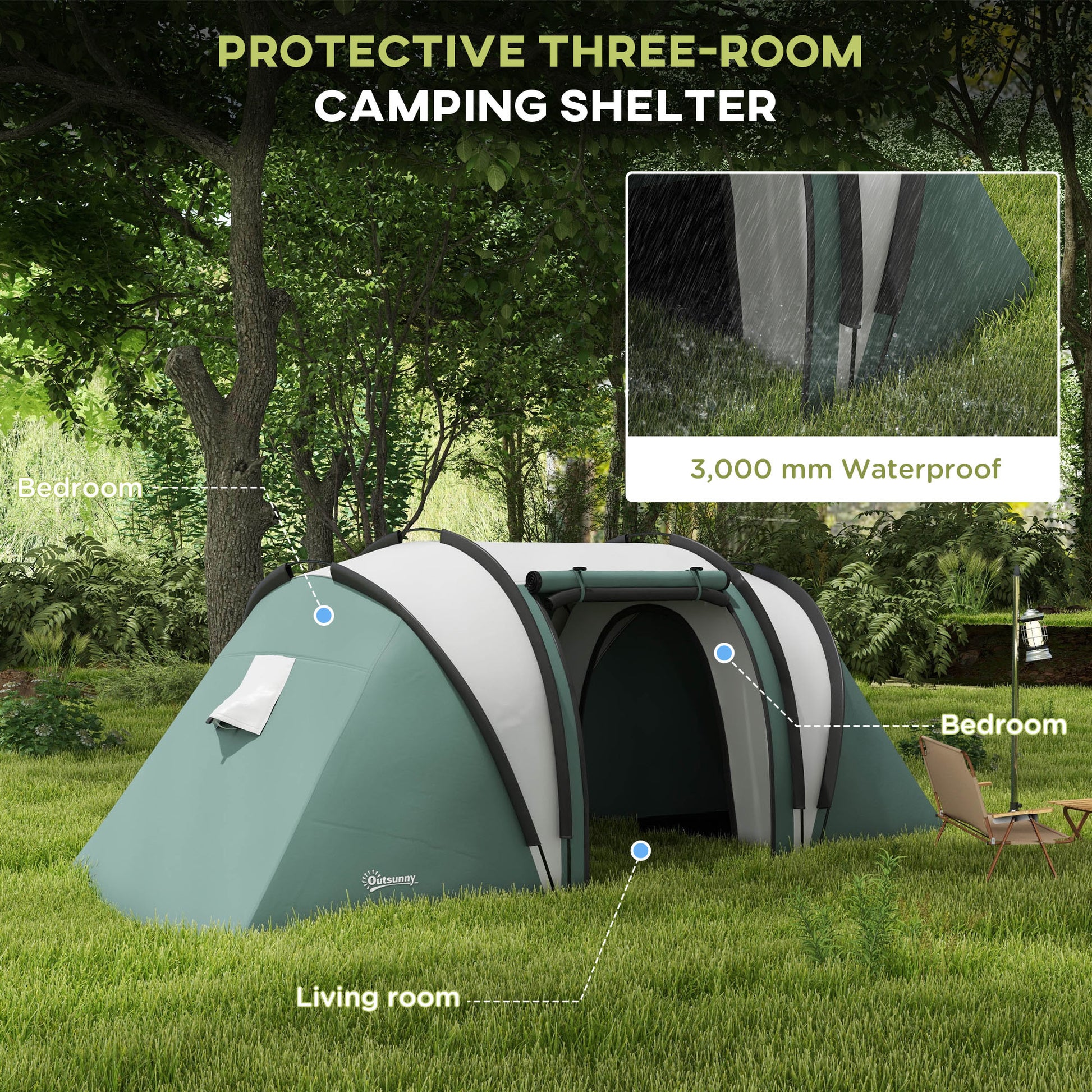 Outsunny Family Camping Tent with 2 Bedrooms and Living Area, 3000mm Waterproof, Ideal for Fishing, Hiking, and Festivals - Dark Green - ALL4U RETAILER LTD