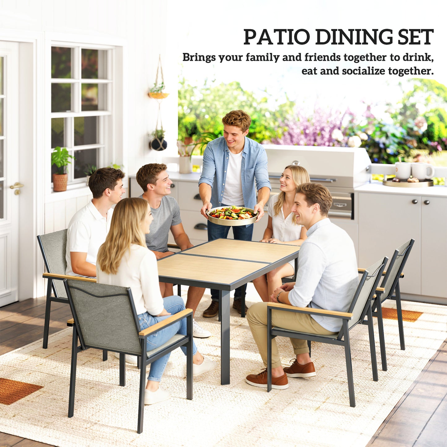 Outsunny Seven Piece Metal Garden Dining Set With Glass Top Table Khaki Outdoor Patio Furniture
