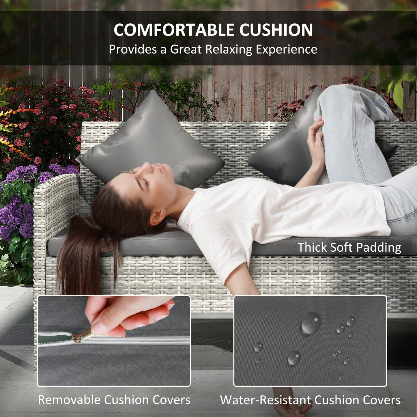 Outsunny 6 Seater Rattan Outdoor Garden Dining Set With Table Two 2-Seat Lounger Sofas Two Footstools Cushions Dark Grey