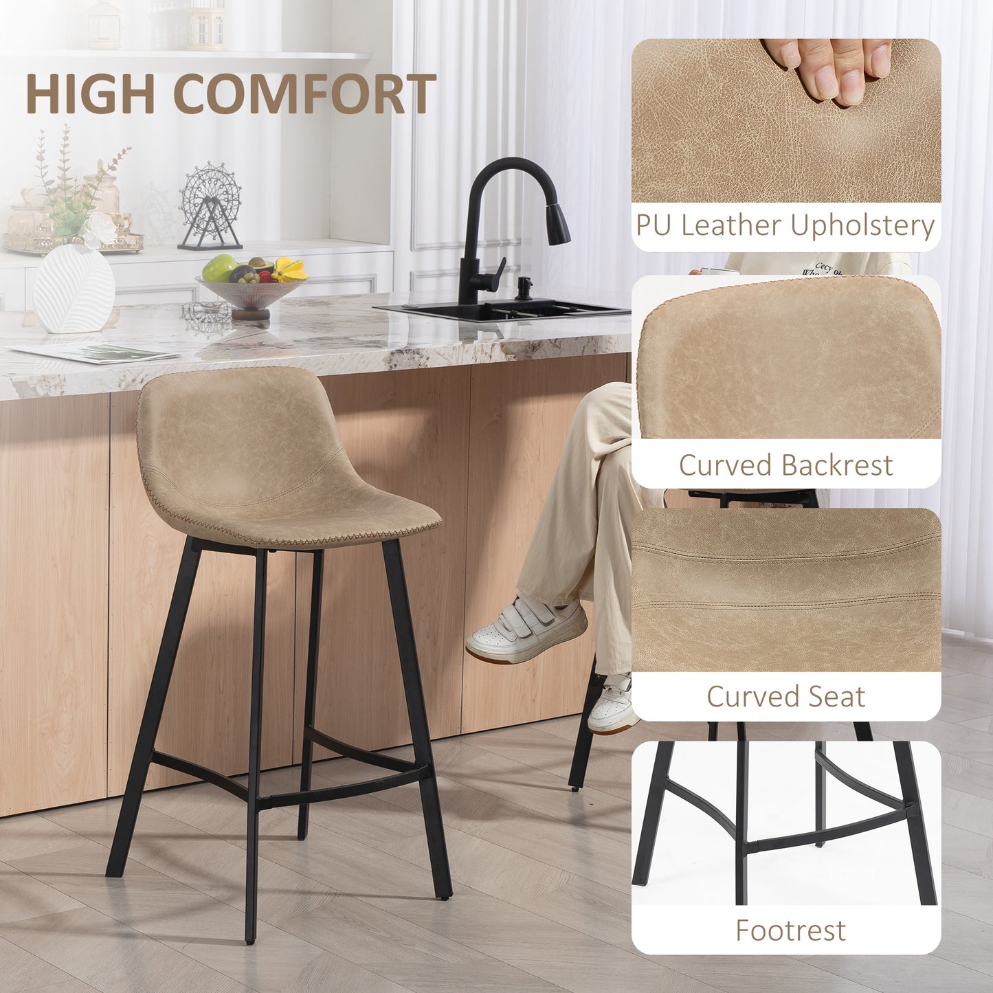 HOMCOM Bar Stool Set Of 2 With Backrest And Footrest PU Leather Chairs For Kitchen Counter Breakfast Bar Light Brown