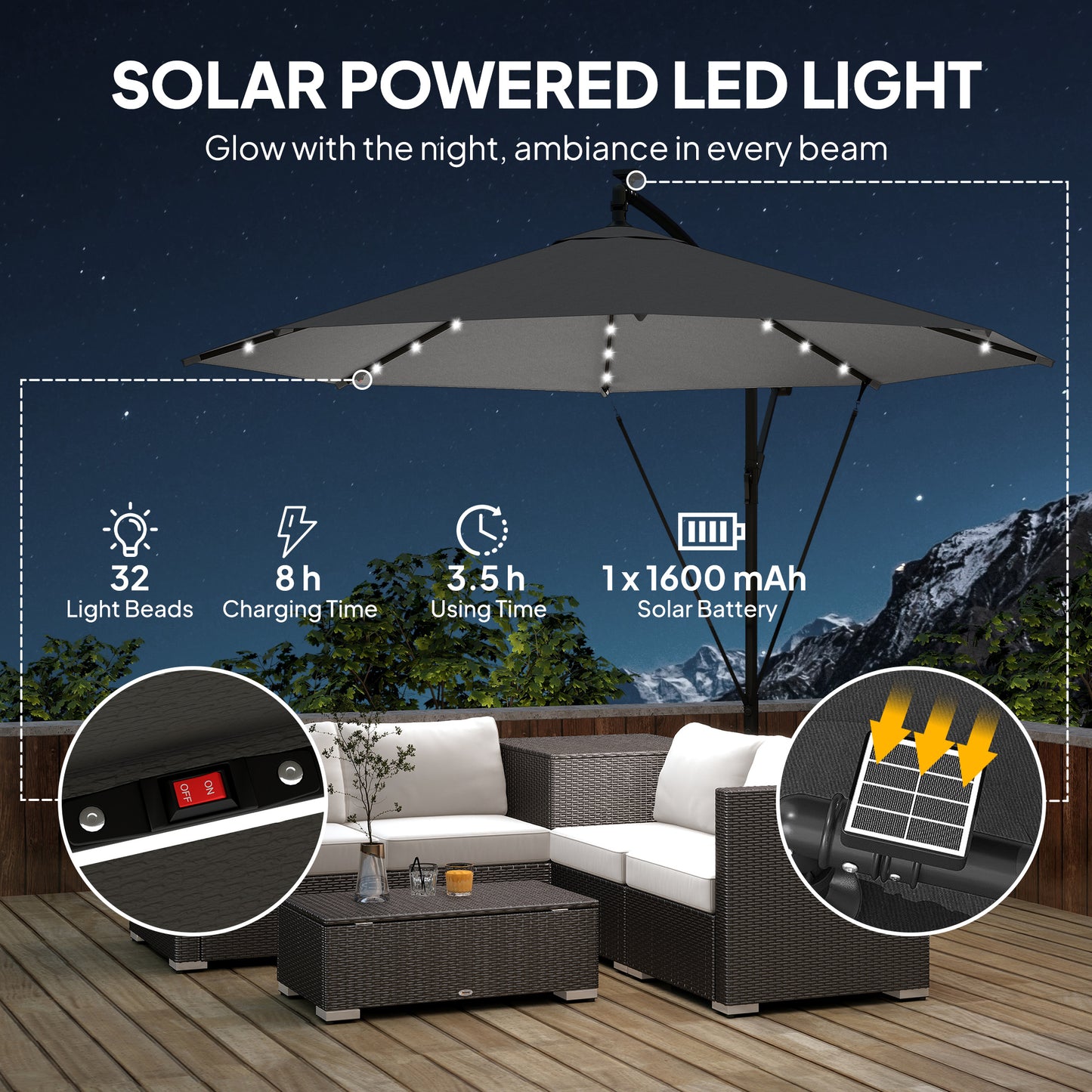 Outsunny 3 Meter Cantilever Parasol With Solar LED Lights Garden Umbrella Cross Base Black