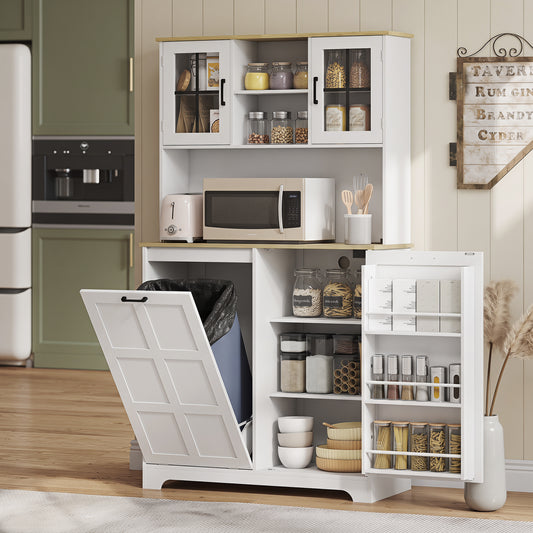HOMCOM 175cm Tall Kitchen Cabinet With Rubbish Bin Cabinet 3 Door Shelves And 2 Acrylic Doors White