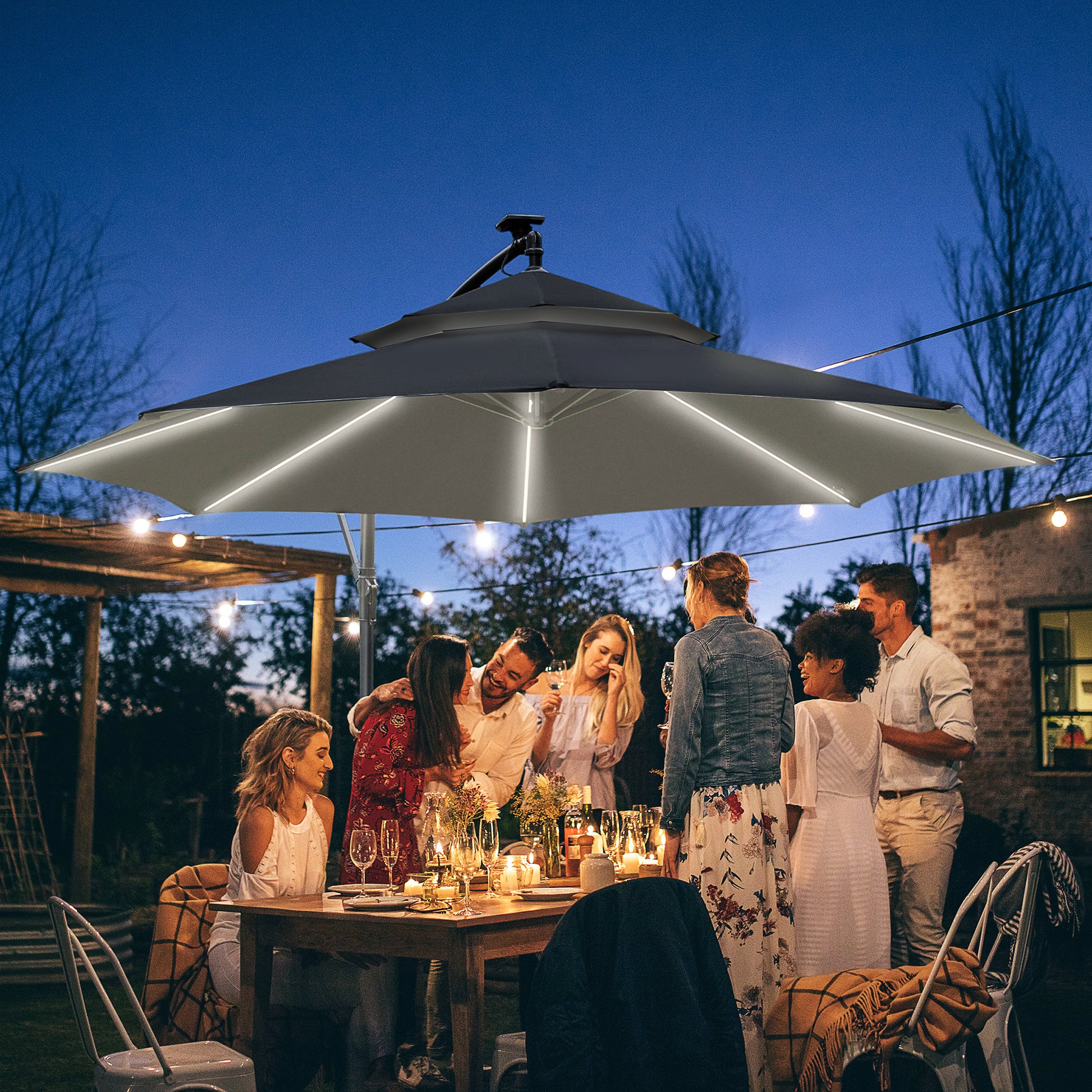 Outsunny 3m Cantilever Hanging Umbrella with Solar LED Lights, Crank Handle, and Adjustable Double Roof, Black - ALL4U RETAILER LTD