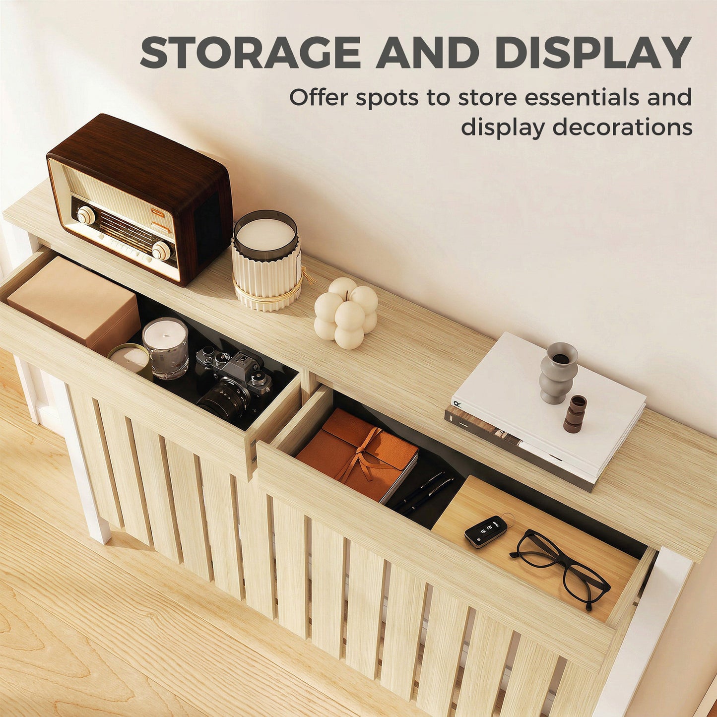 HOMCOM 93 X 119 Cm Rustic Look Slim Radiator Cover In White MDF With Two Top Drawers
