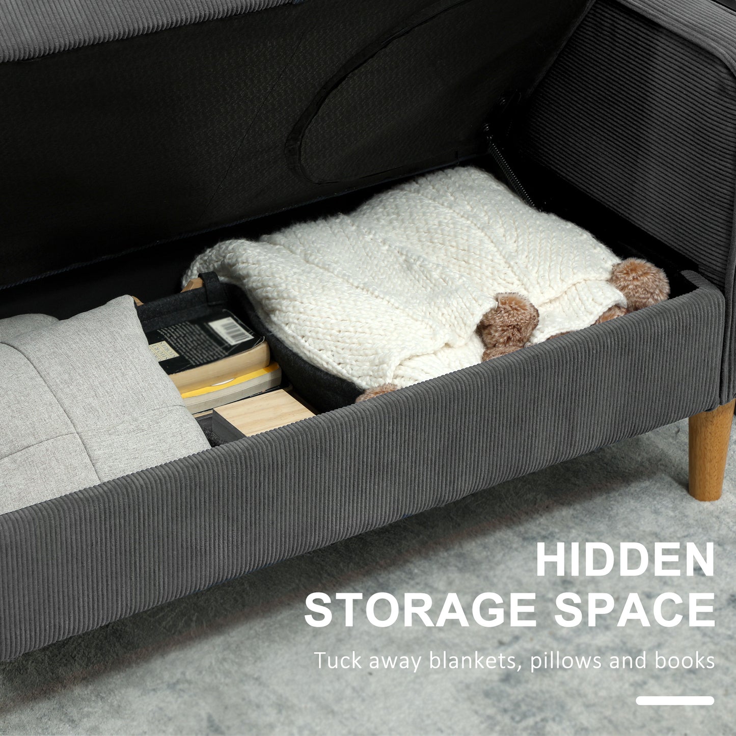 HOMCOM Small Two Seater Corduroy Sofa With Hidden Storage Lift Up Seat In Grey With Firm Comfort Dense Foam