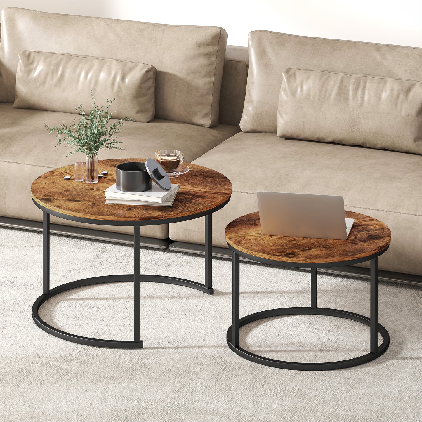 HOMCOM Coffee Table Set of 2 Round Nesting Tables with Metal Frame Rustic Brown Modern Living Room Side Tables