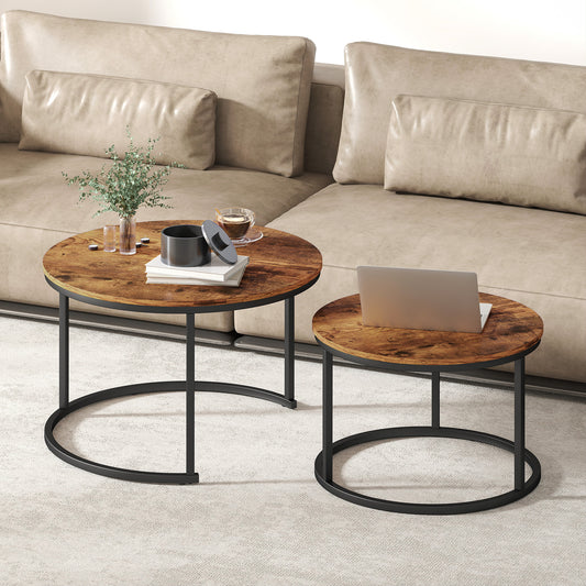 HOMCOM Coffee Table Set of 2 Round Nesting Tables with Metal Frame Rustic Brown Modern Living Room Side Tables