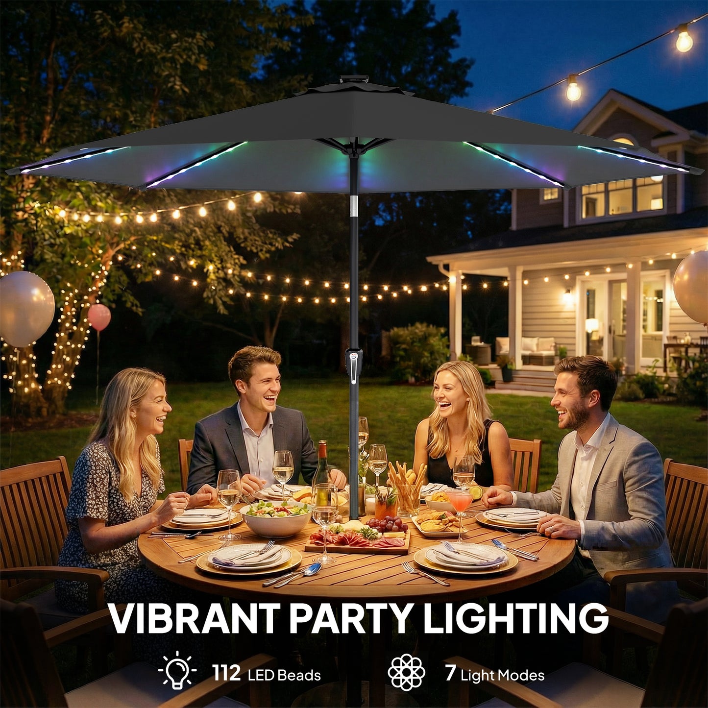 Outsunny 3 m Garden Parasol Umbrella With 112 LED Solar Lights Patio Umbrella With Crank Handle Grey