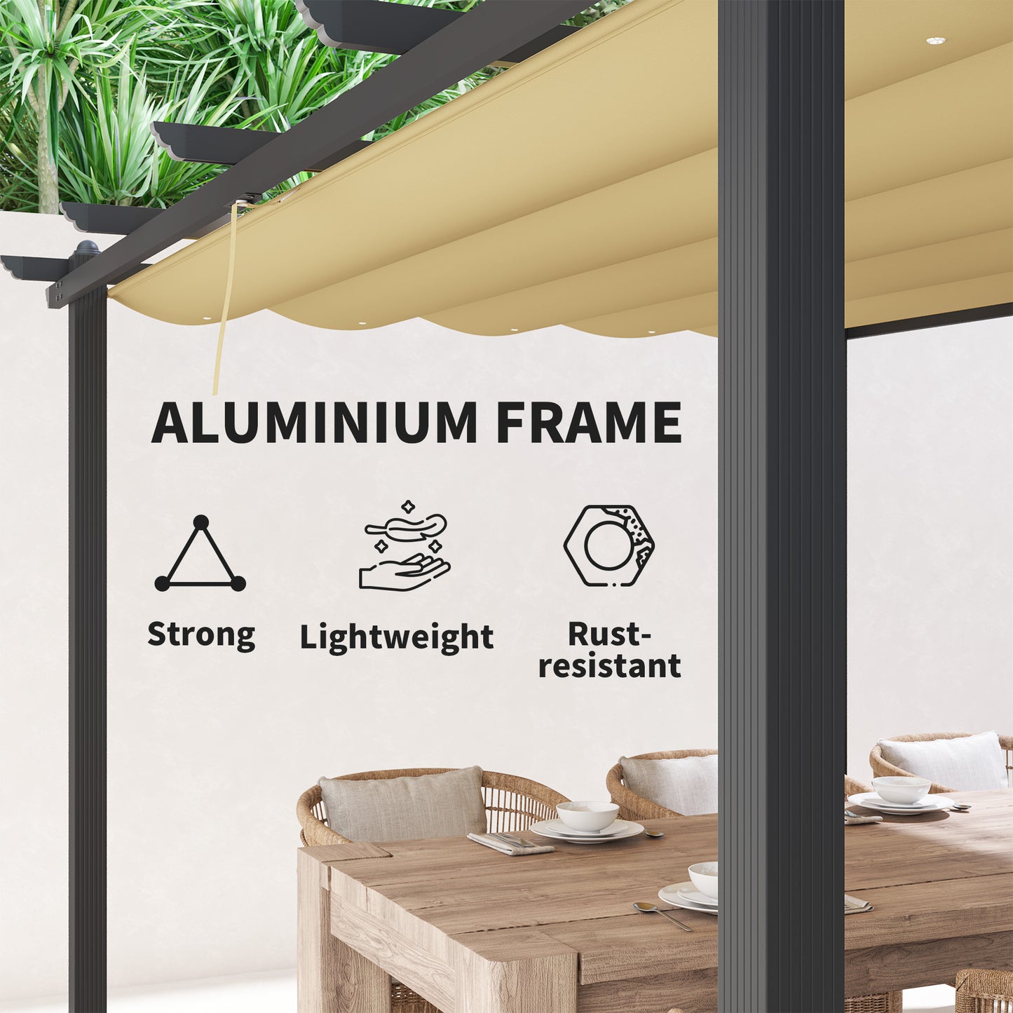 Outsunny 3 x 4m Aluminium Pergola With Retractable Roof Khaki for Patio Or Garden