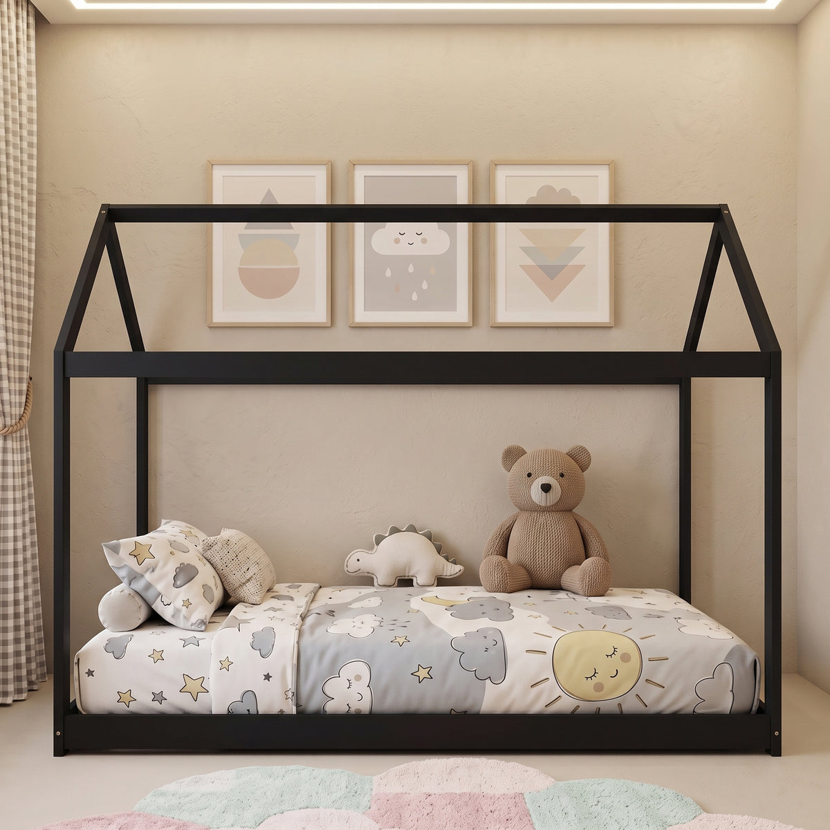 Homcom House Shaped Single Bed Frame Scandinavian Wood Platform Base Black