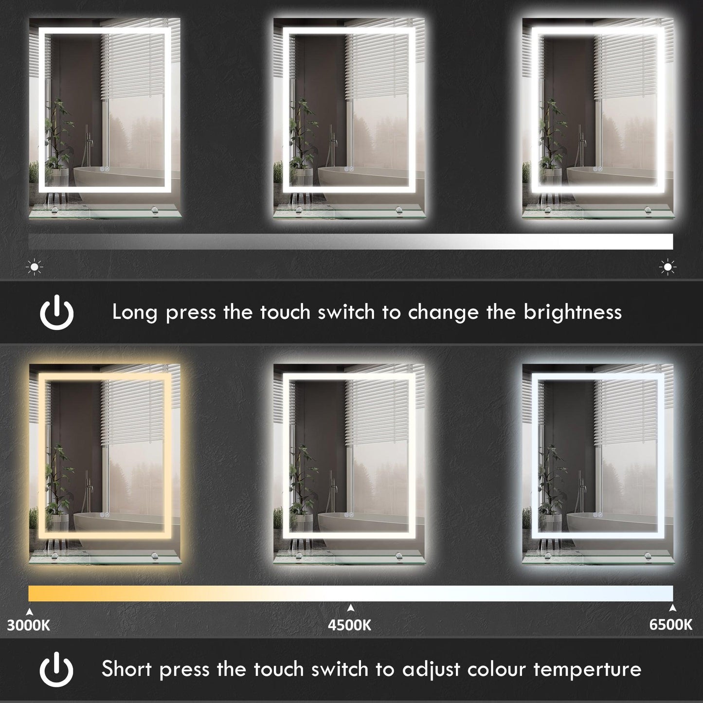 kleankin Dimmable Bathroom Mirror with LED Lights, 3 Colours, Defogging Film - ALL4U RETAILER LTD