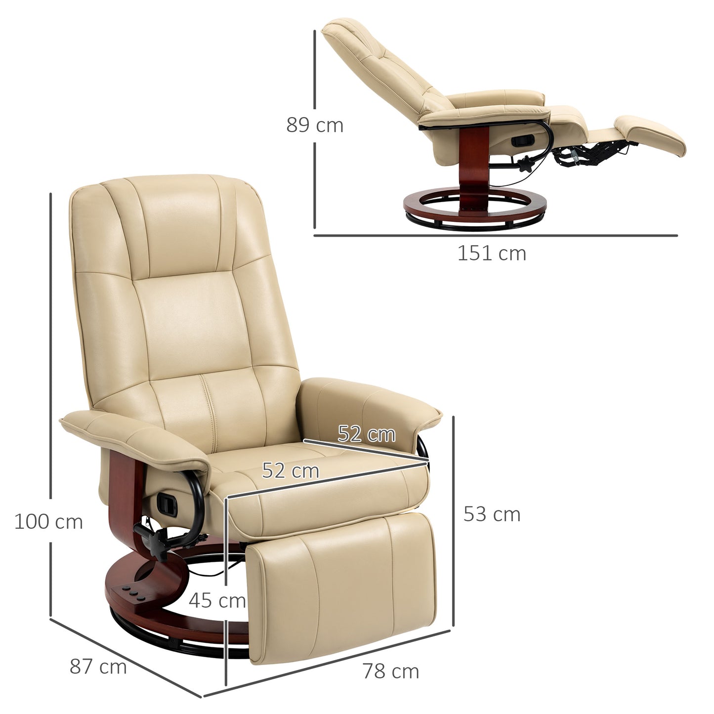 HOMCOM Reclining Armchair With Footrest Cream White 360 Degree Swivel Wood Frame Padded