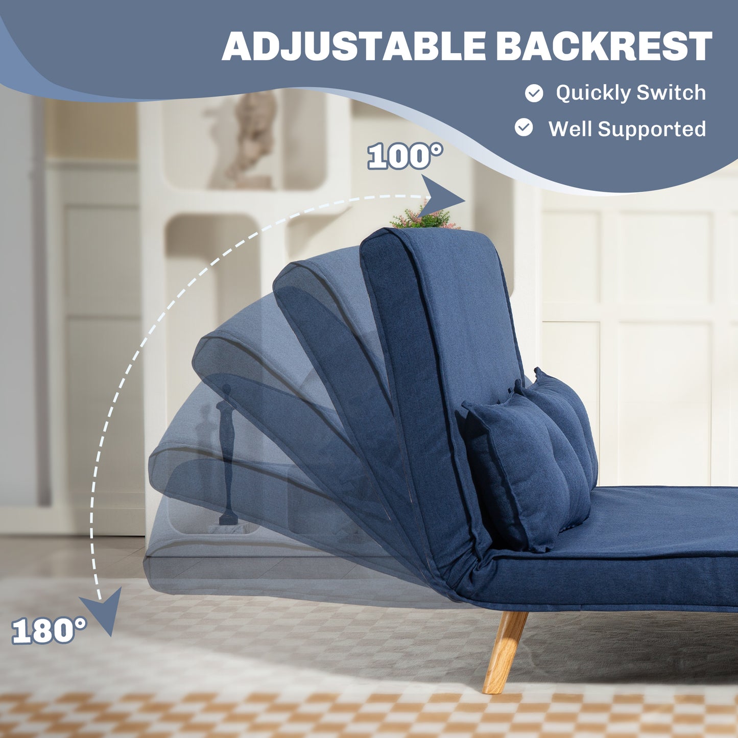 HOMCOM Two Seater Linen Look Sofa Bed Dark Blue With Click Clack Mechanism For Day And Night Comfort