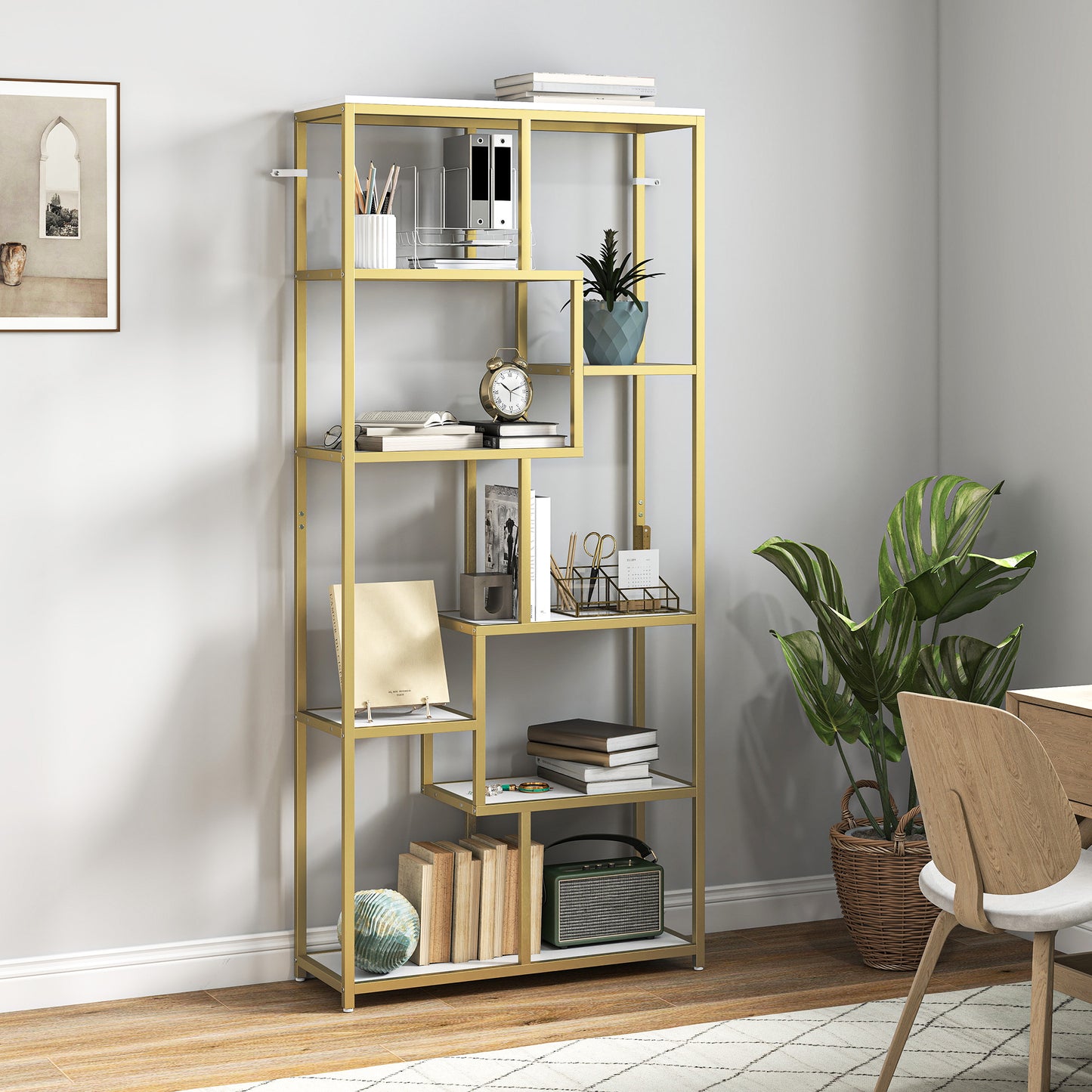 HOMCOM White And Gold Tone Seven Tier Geometric Bookcase With Sturdy Metal Frame