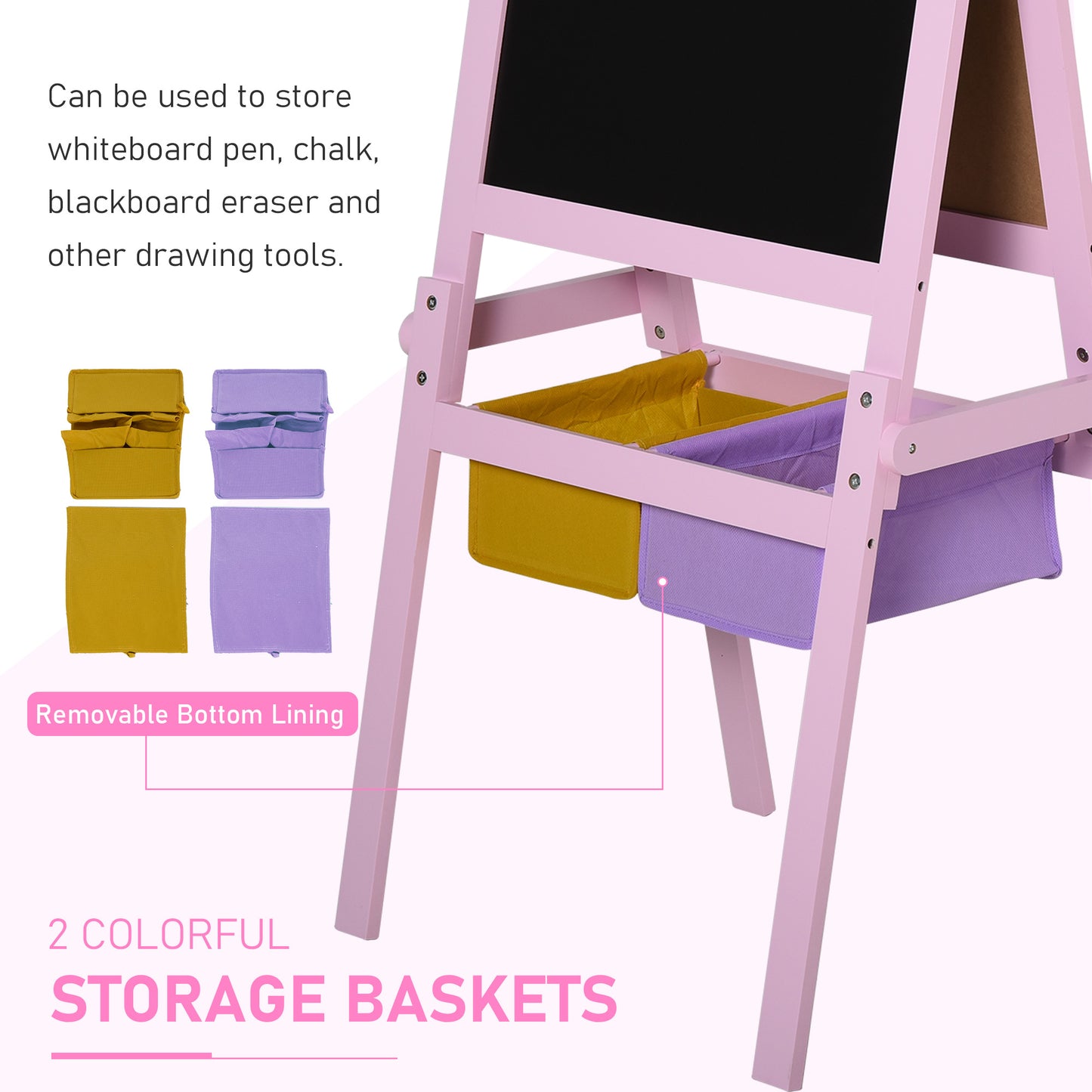 HOMCOM Kids 3 In 1 Wooden Art Easel With Paper Roll Chalkboard Whiteboard Storage Baskets Pink
