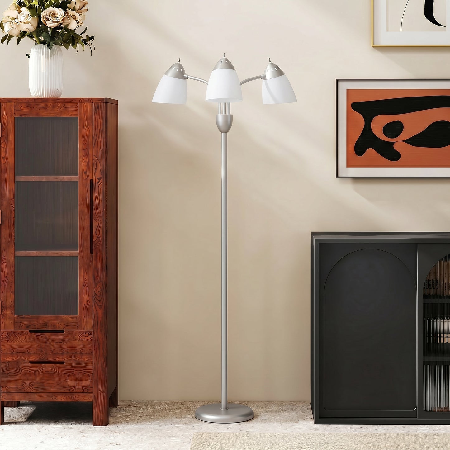 HOMCOM Arc Tree Floor Lamp With Three Adjustable Rotating Lights Industrial Standing Lamp Steel Frame Silver Tone