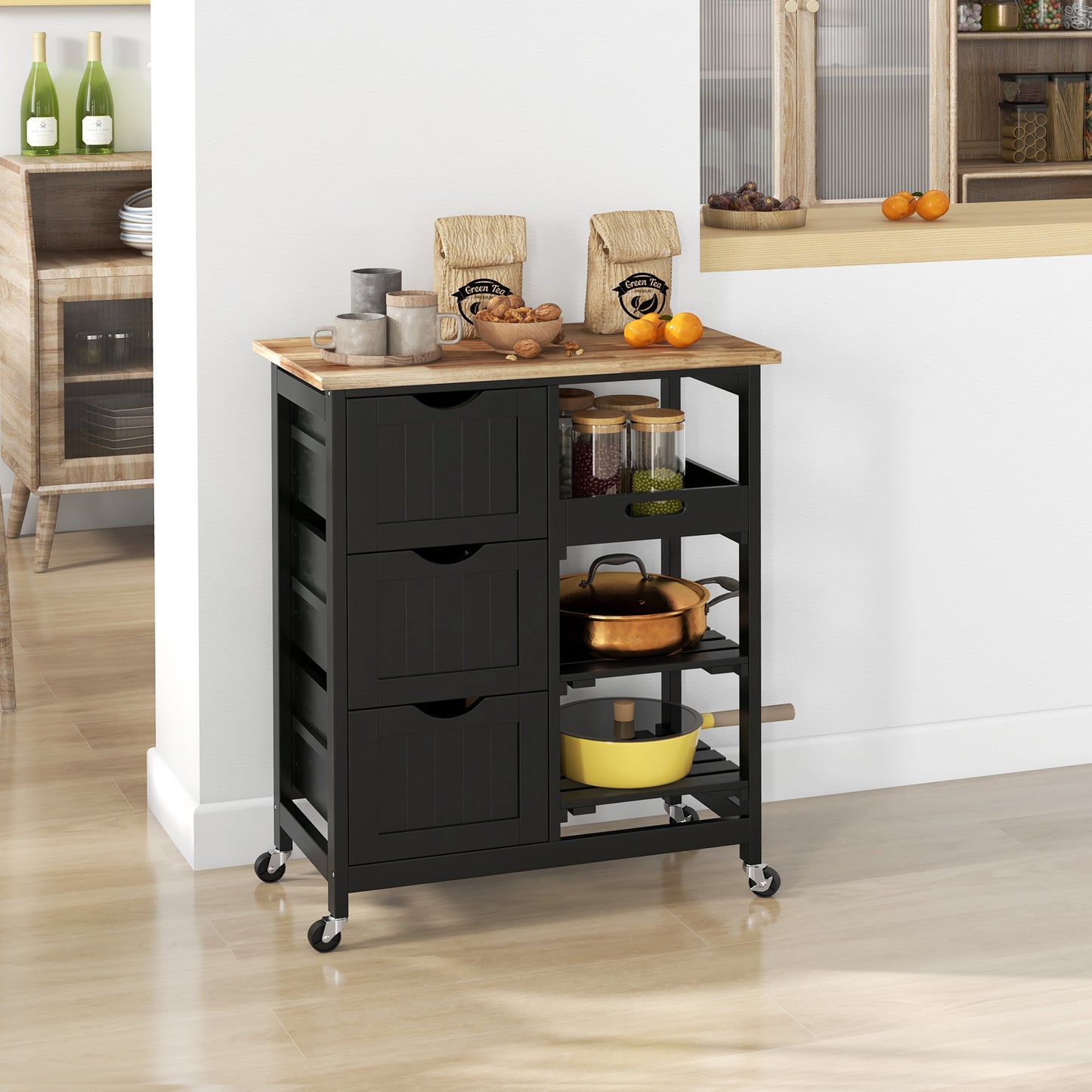 HOMCOM Rolling Kitchen Island Cart With Wood Top Shelves And Drawers Bar Serving Trolley On Wheels For Dining Room Black