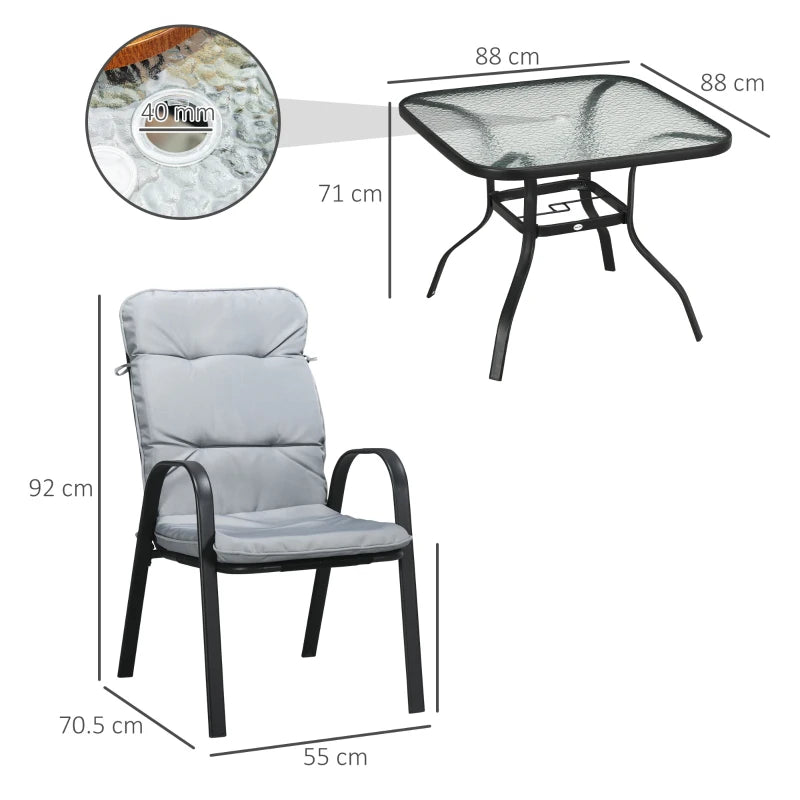 Outsunny 5-Piece Outdoor Square Garden Dining Set with Tempered Glass Dining Table, 4 Cushioned Armchairs, Umbrella Hole - Grey - ALL4U RETAILER LTD