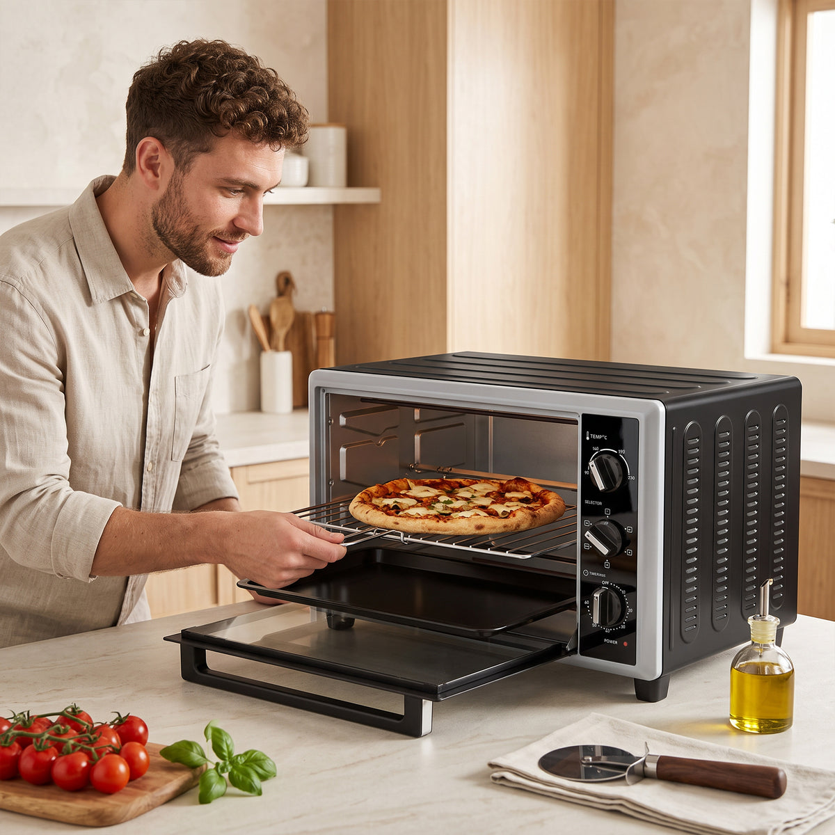 Mini convection oven with open door, pizza on tray and rotisserie setup visible inside