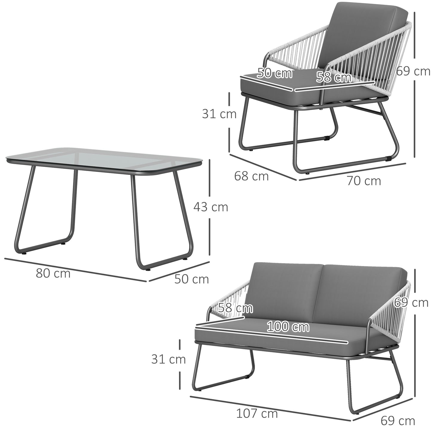 Outsunny Four Piece Rattan Outdoor Sofa Set with Strong Steel Frame Grey Loveseat Two Chairs and Coffee Table