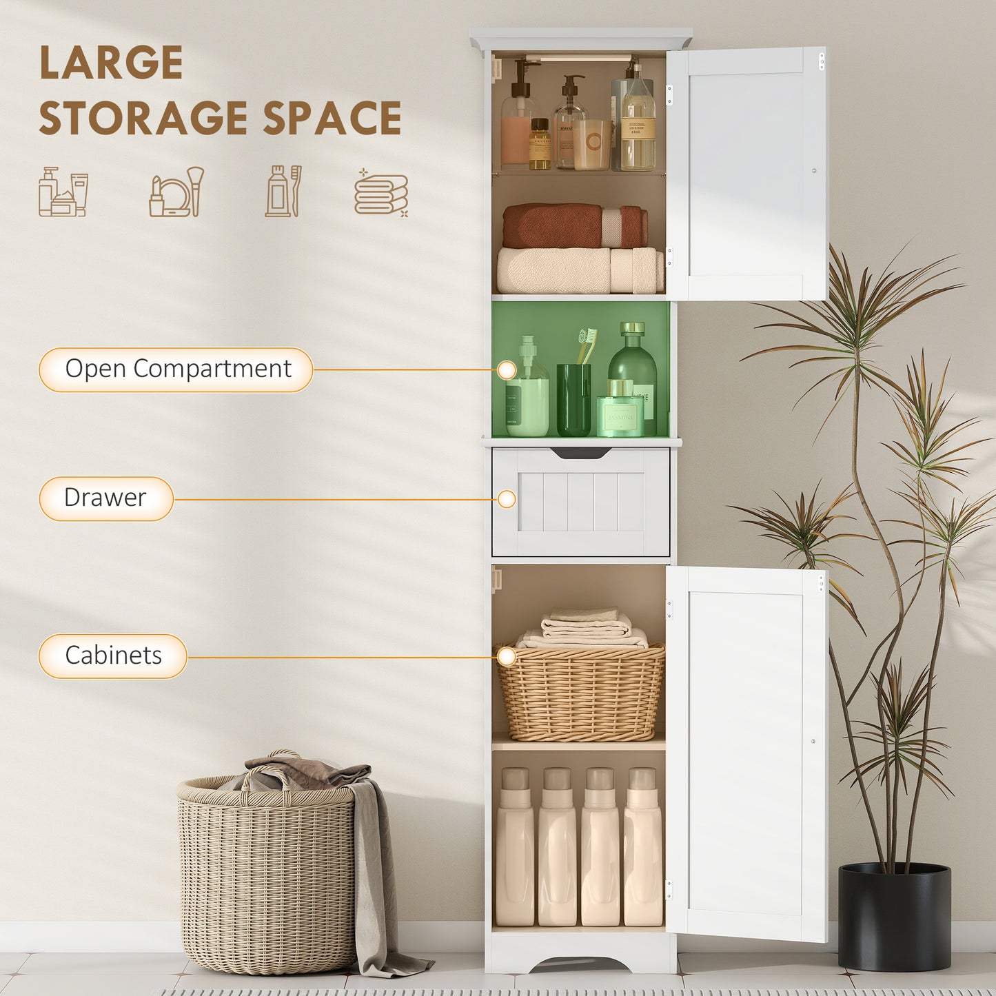 HOMCOM Slim Bathroom Storage Cabinet With Motion Sensor LED Lights White With Upper And Lower Cupboards And Drawer